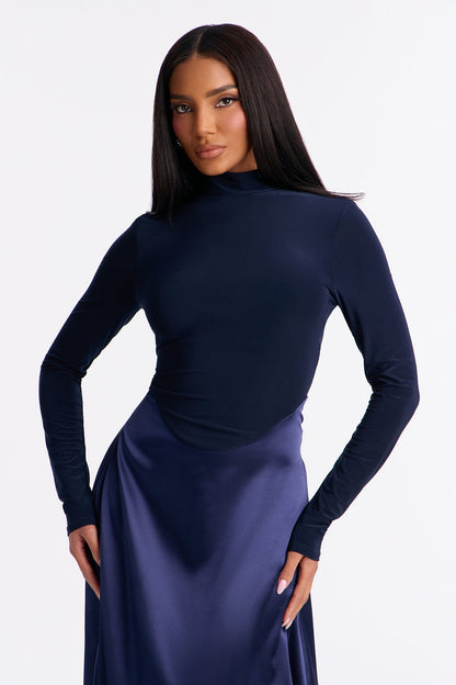 Angie Long Sleeve Satin Midi Dress - Navy