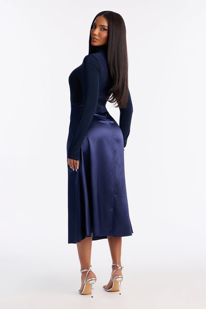 Angie Long Sleeve Satin Midi Dress - Navy