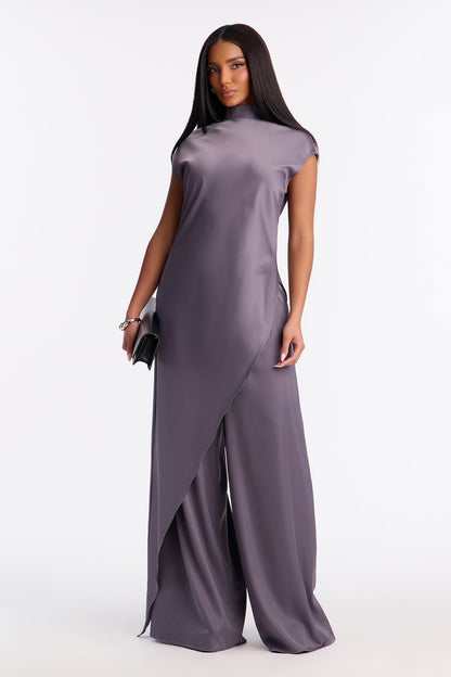 Camille Asymmetrical Satin Pant Set - Grey