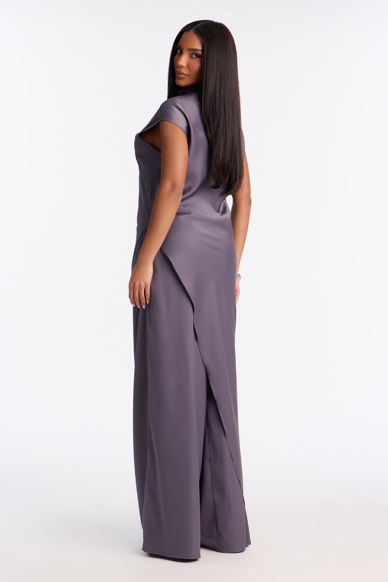 Camille Asymmetrical Satin Pant Set - Grey