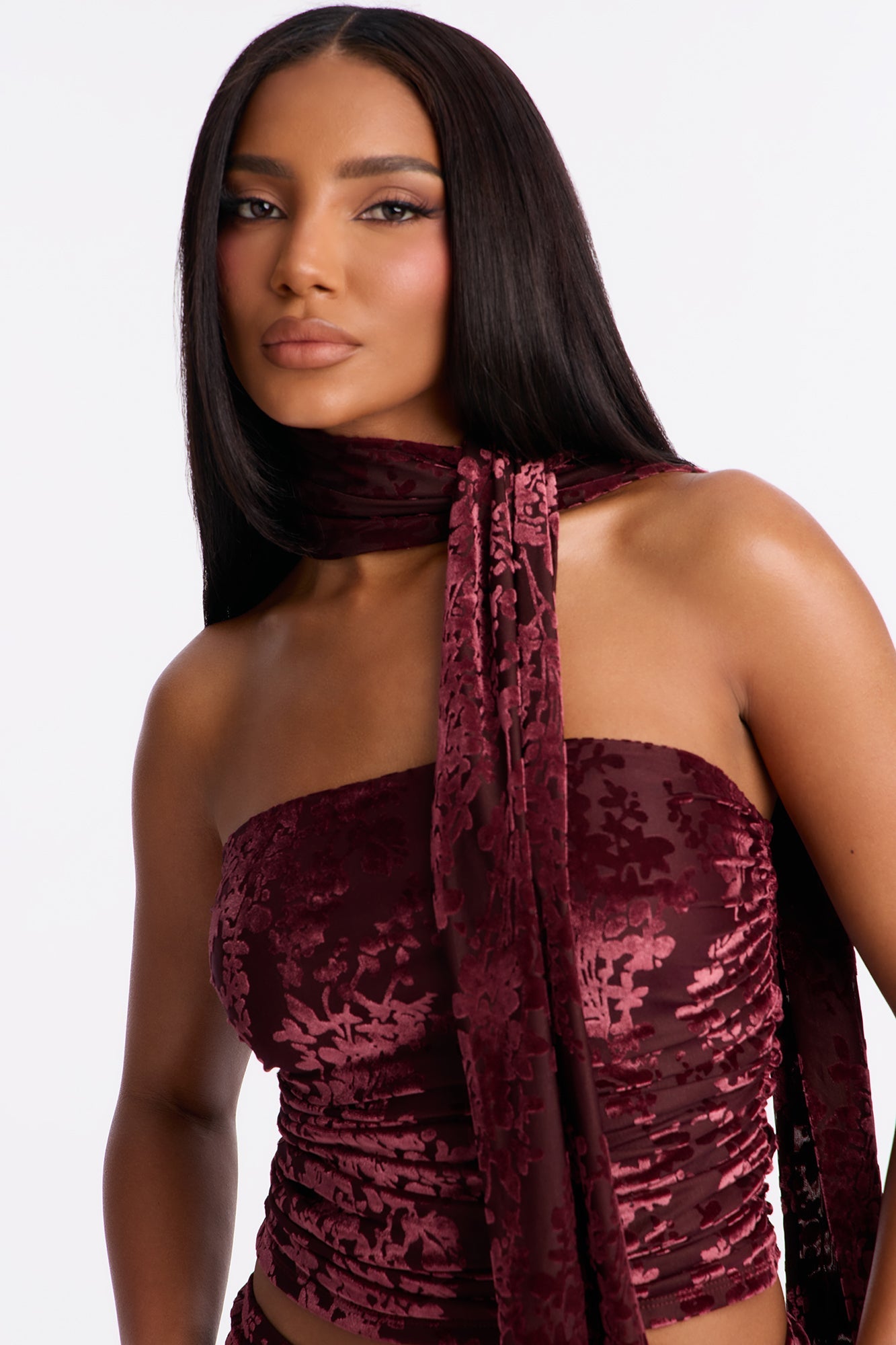 Vera 3 Piece Velvet Burnout Mesh Skirt Set - Burgundy