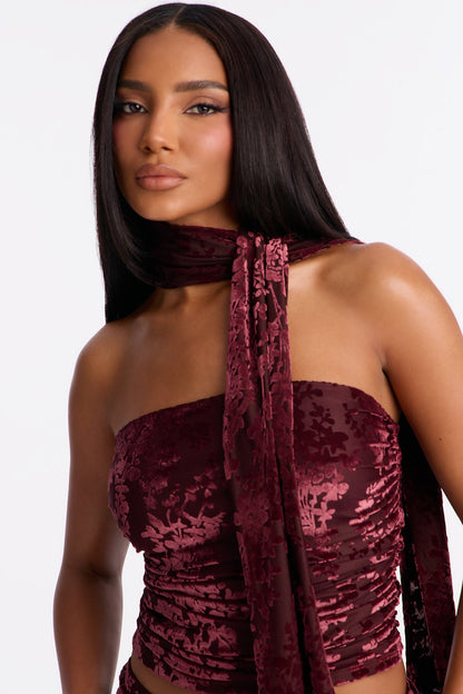 Vera 3 Piece Velvet Burnout Mesh Skirt Set - Burgundy