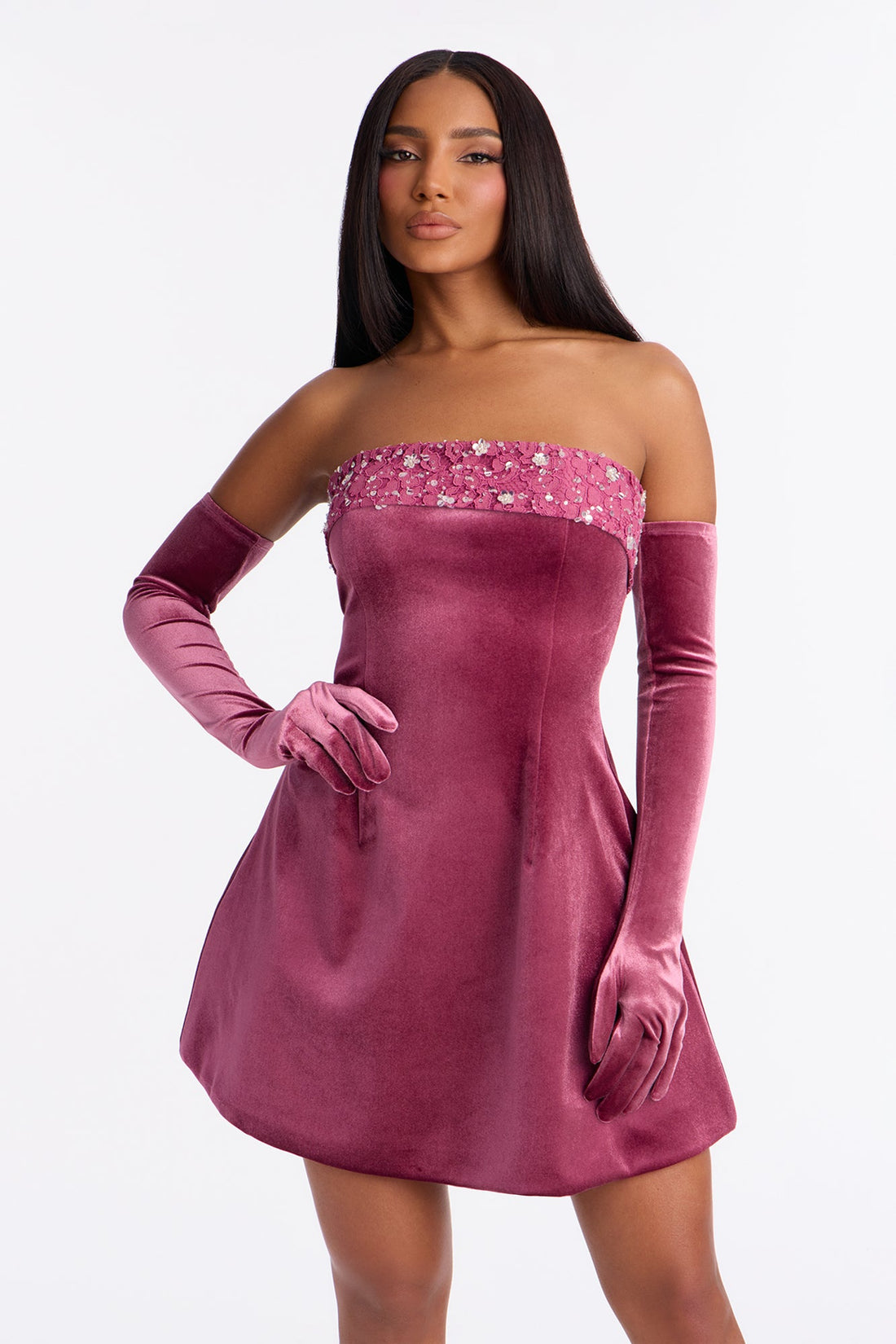 Genovia Embellished Velvet Mini Dress - Mauve