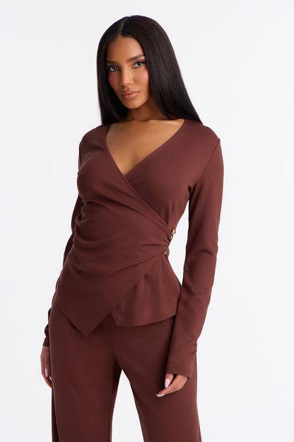 Helena Wrap Top And Wide Leg Pant Set - Brown