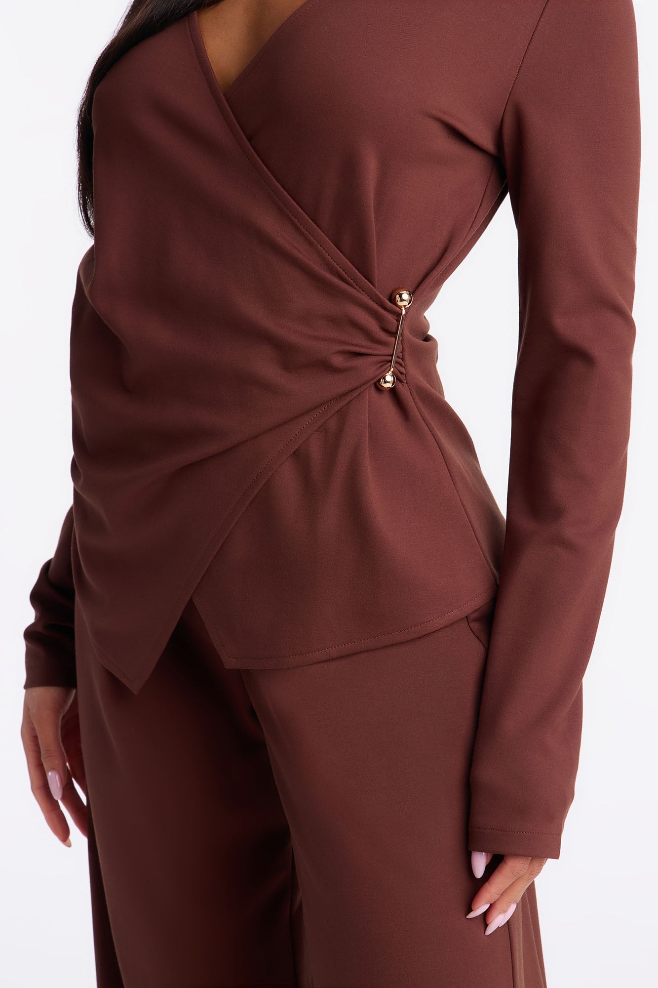 Helena Wrap Top And Wide Leg Pant Set - Brown