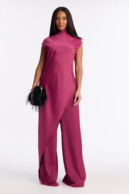 Camille Asymmetrical Satin Pant Set - Plum