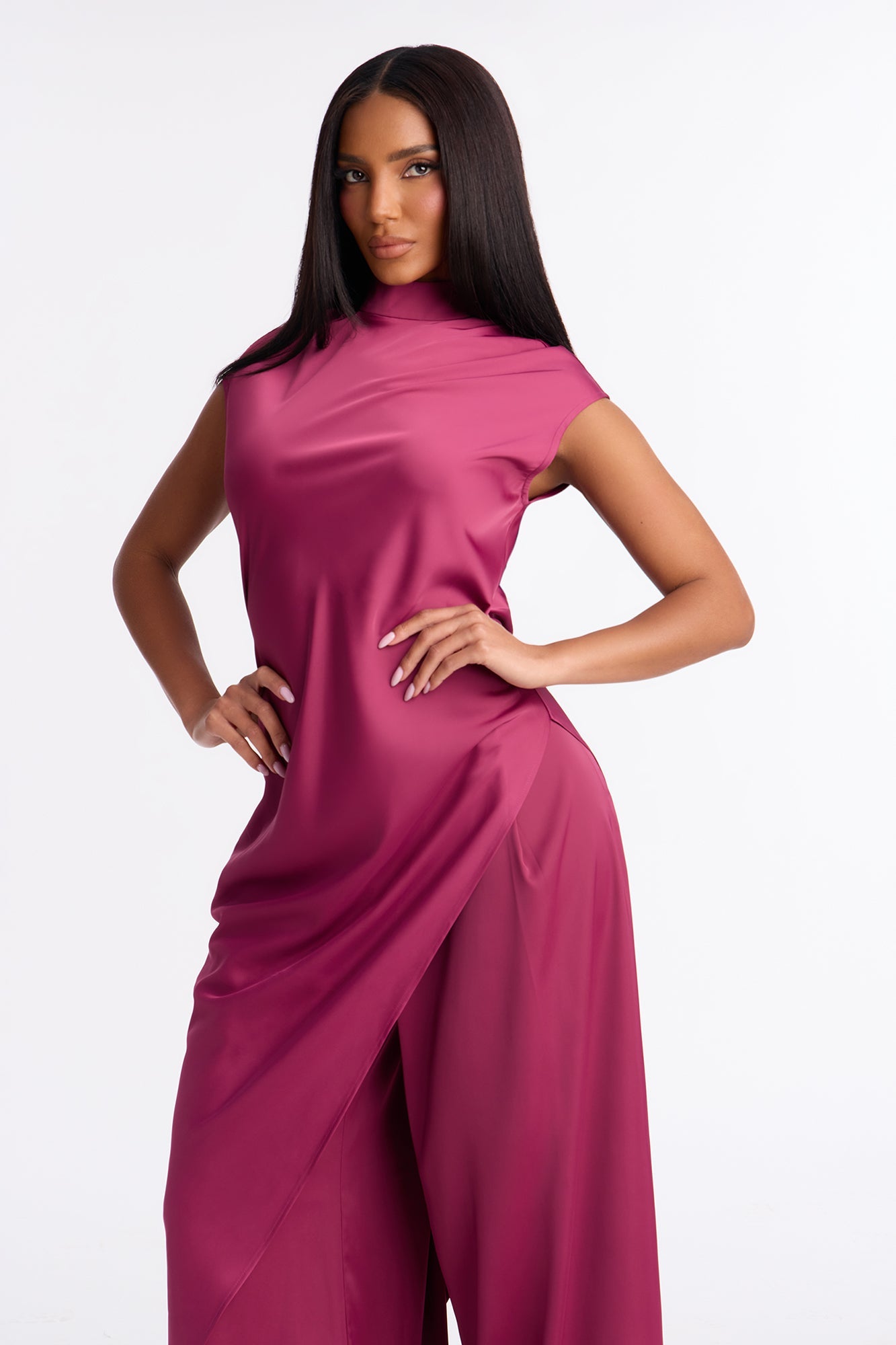 Camille Asymmetrical Satin Pant Set - Plum