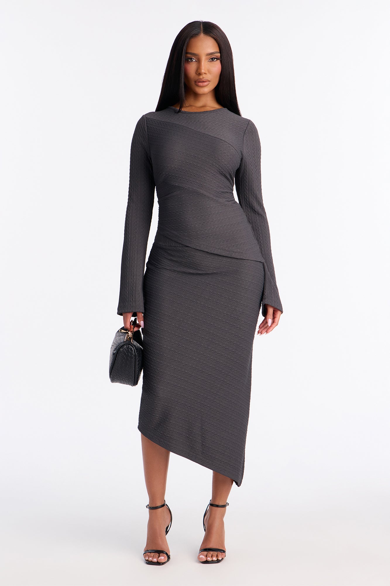 Date Ready Asymmetrical Textured Midi Skirt Set - Charcoal