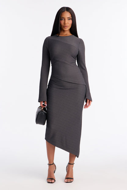 Date Ready Asymmetrical Textured Midi Skirt Set - Charcoal