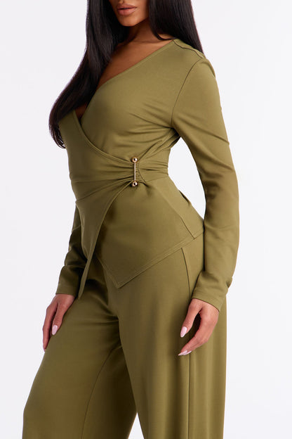 Helena Wrap Top And Wide Leg Pant Set - Olive