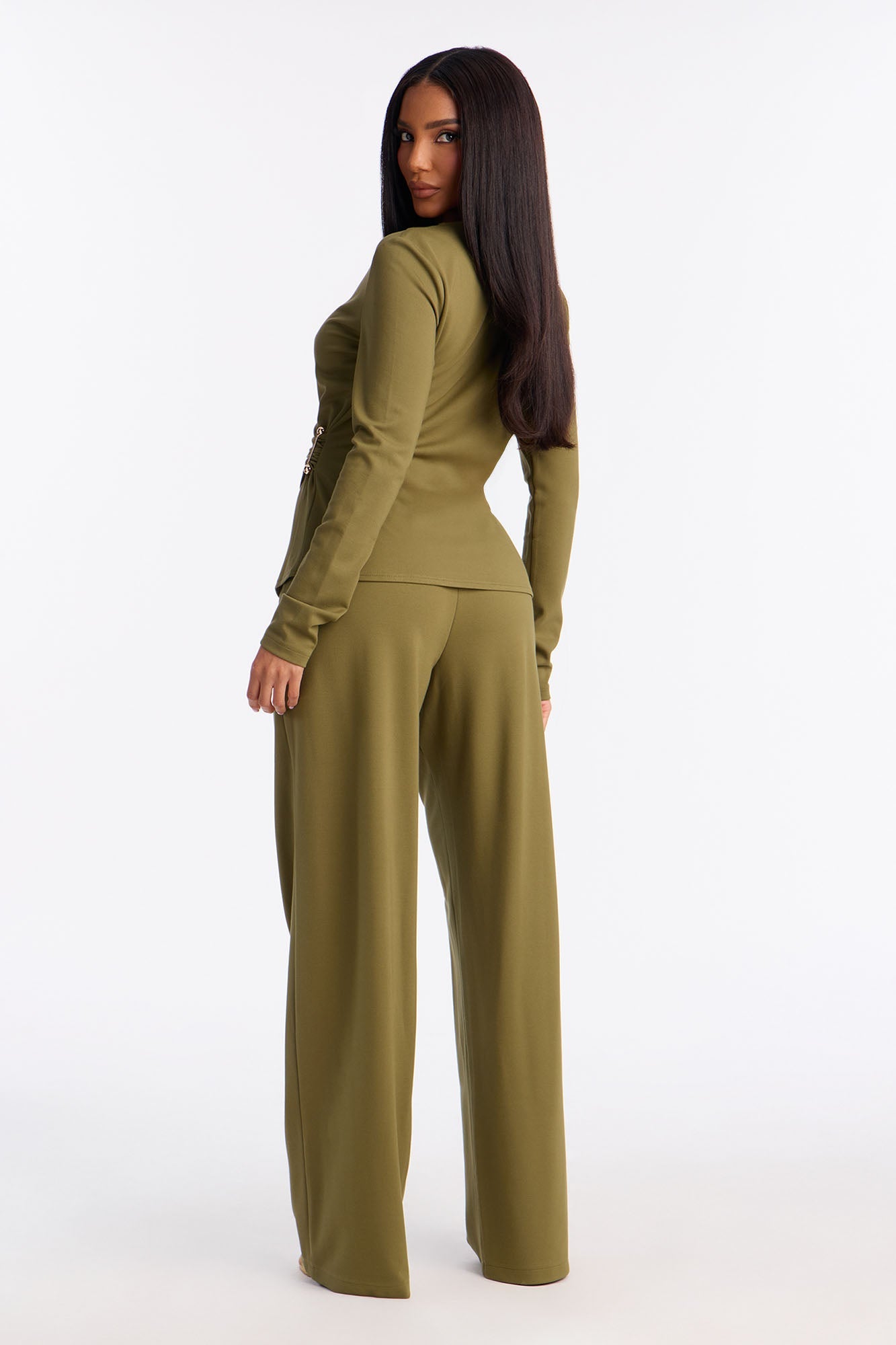 Helena Wrap Top And Wide Leg Pant Set - Olive