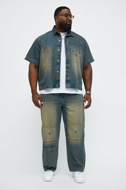 Eyelet Detail Button Down Denim Shirt - Vintage Blue Wash