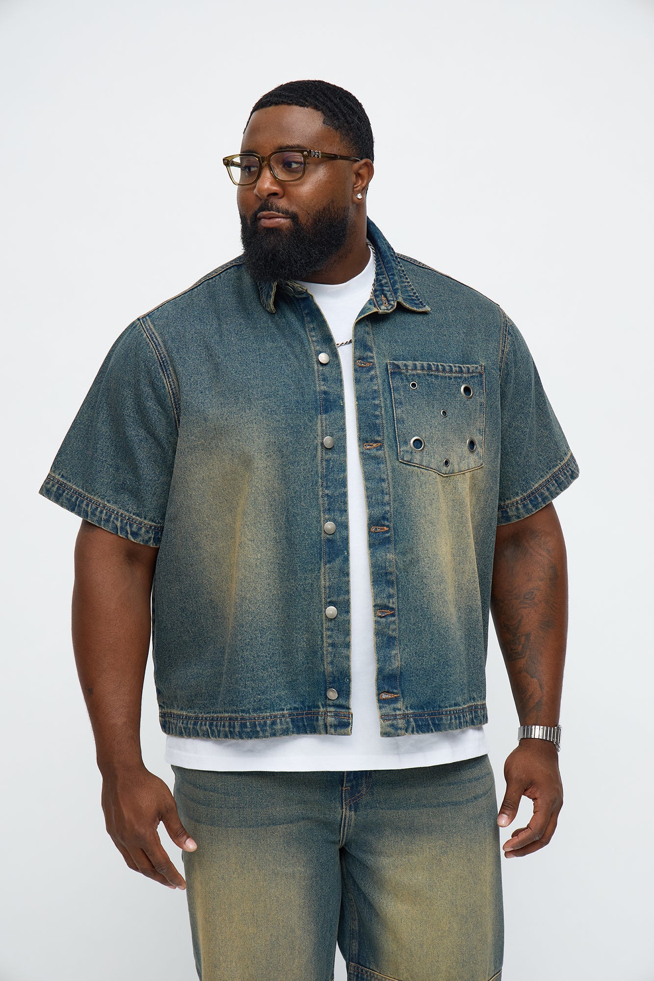 Eyelet Detail Button Down Denim Shirt - Vintage Blue Wash