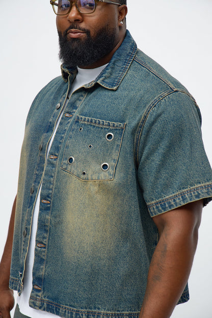 Eyelet Detail Button Down Denim Shirt - Vintage Blue Wash