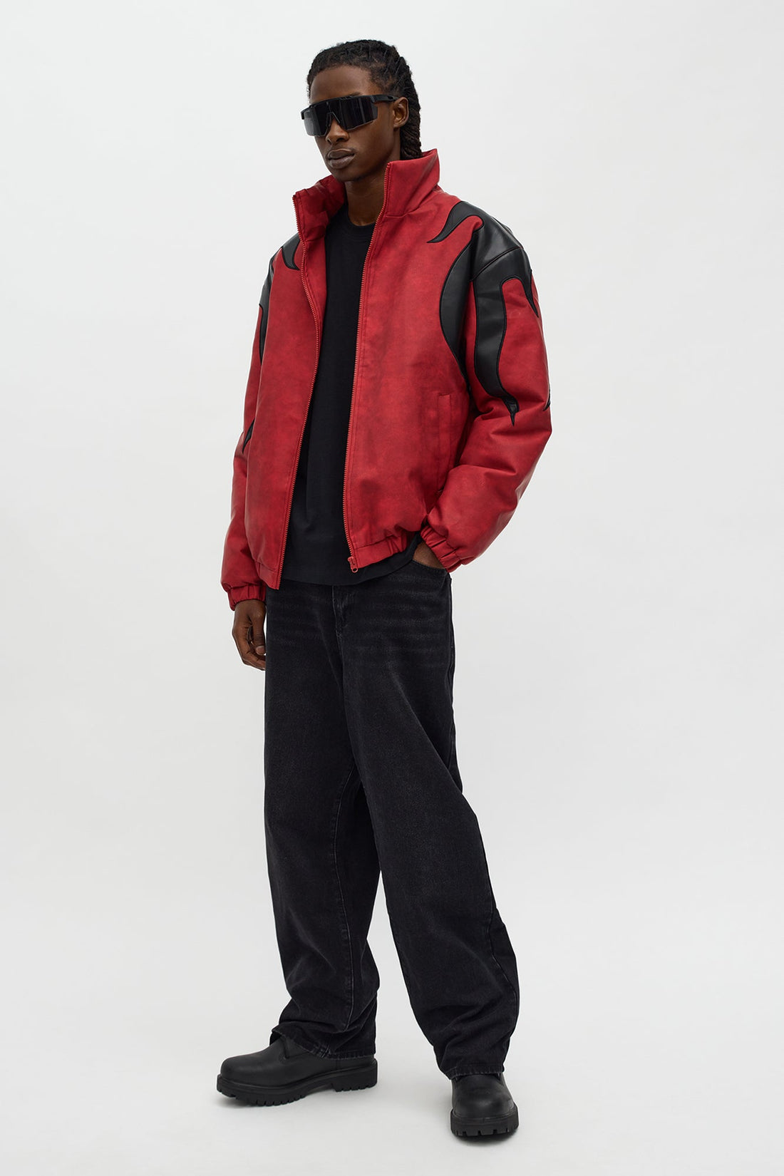 Up In Flames Faux Leather Puffer Jacket - Red/Black