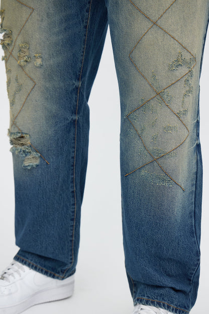 Straight With Stitches Distressed Jean - Vintage Blue Wash