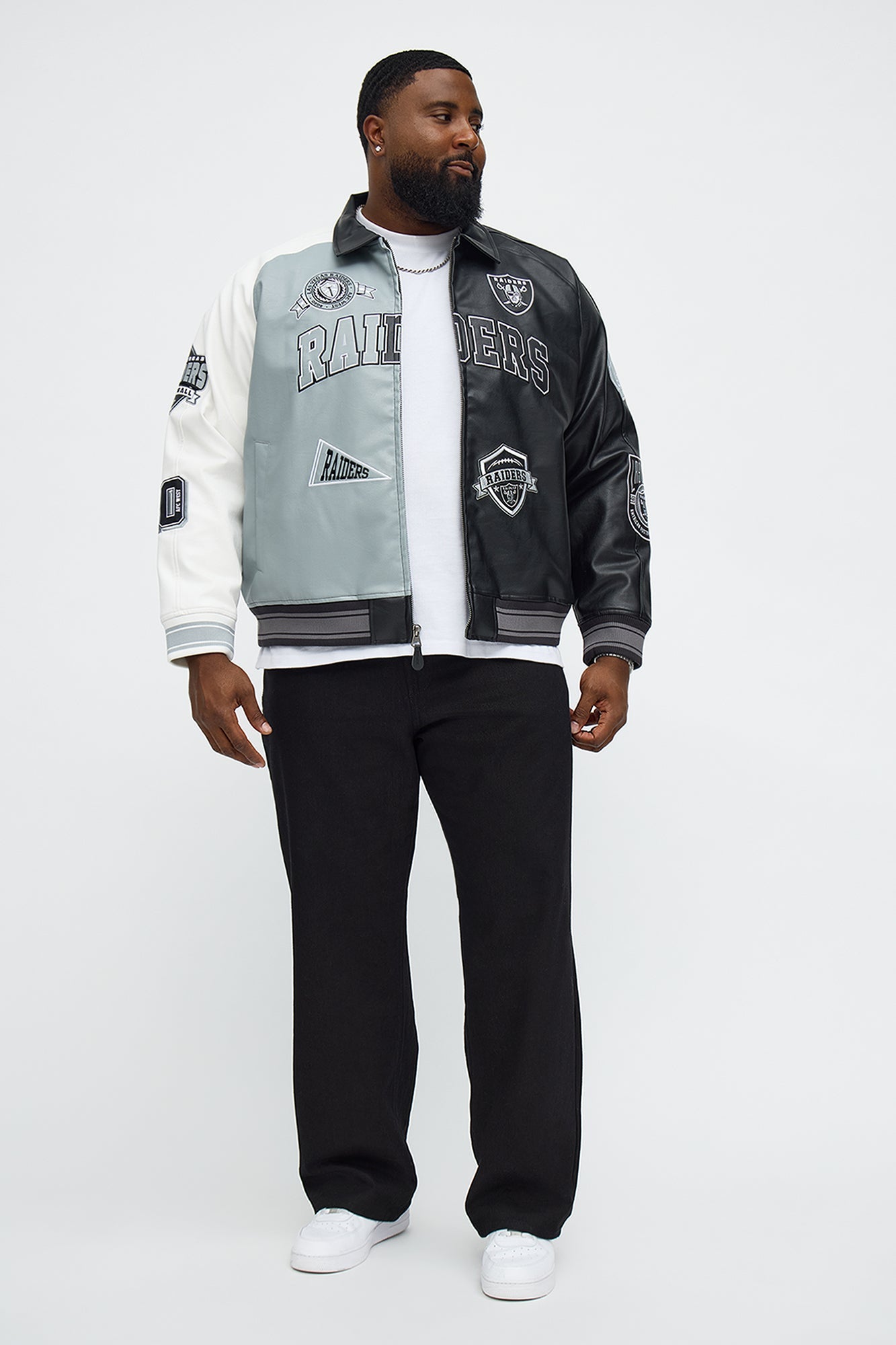 Raiders Marquee Star Faux Patent Leather Long Sleeve Varsity Jacket - Black/combo