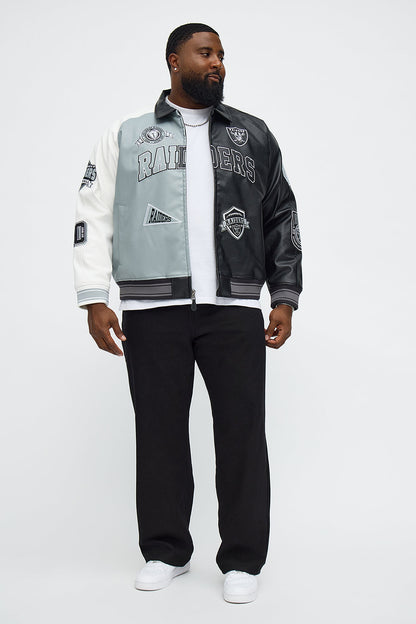 Raiders Marquee Star Faux Patent Leather Long Sleeve Varsity Jacket - Black/combo