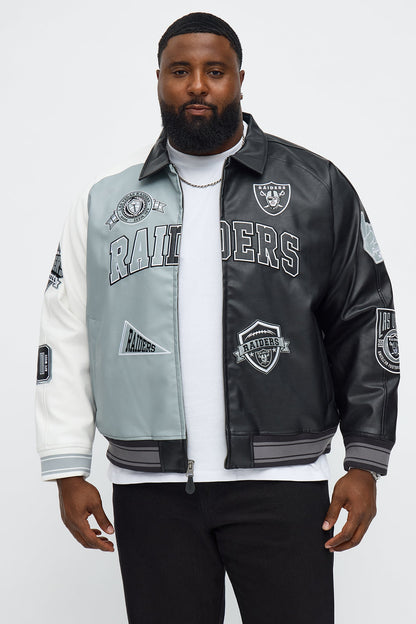 Raiders Marquee Star Faux Patent Leather Long Sleeve Varsity Jacket - Black/combo