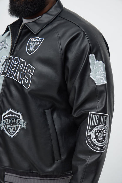 Raiders Marquee Star Faux Patent Leather Long Sleeve Varsity Jacket - Black/combo