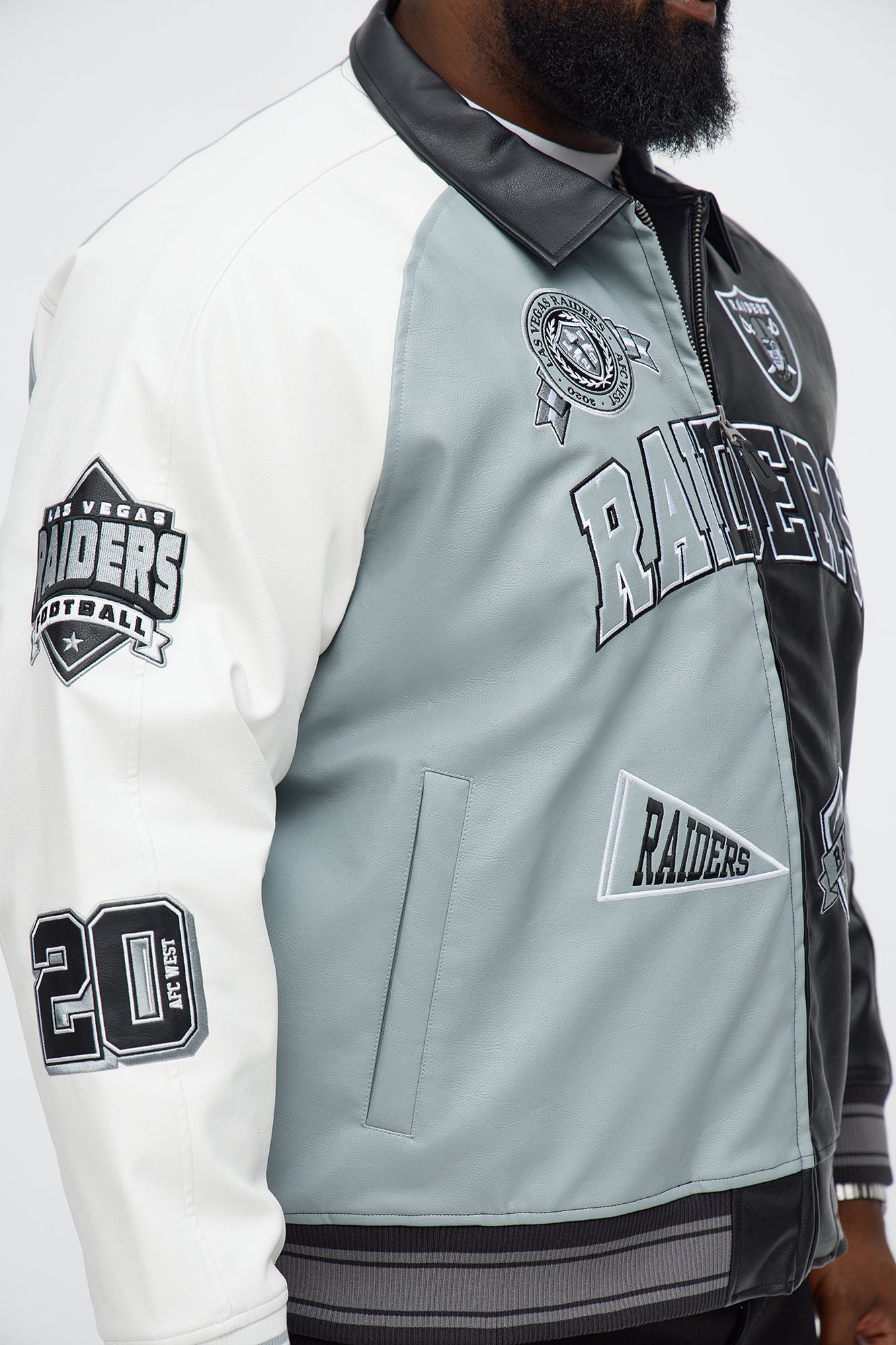 Raiders Marquee Star Faux Patent Leather Long Sleeve Varsity Jacket - Black/combo