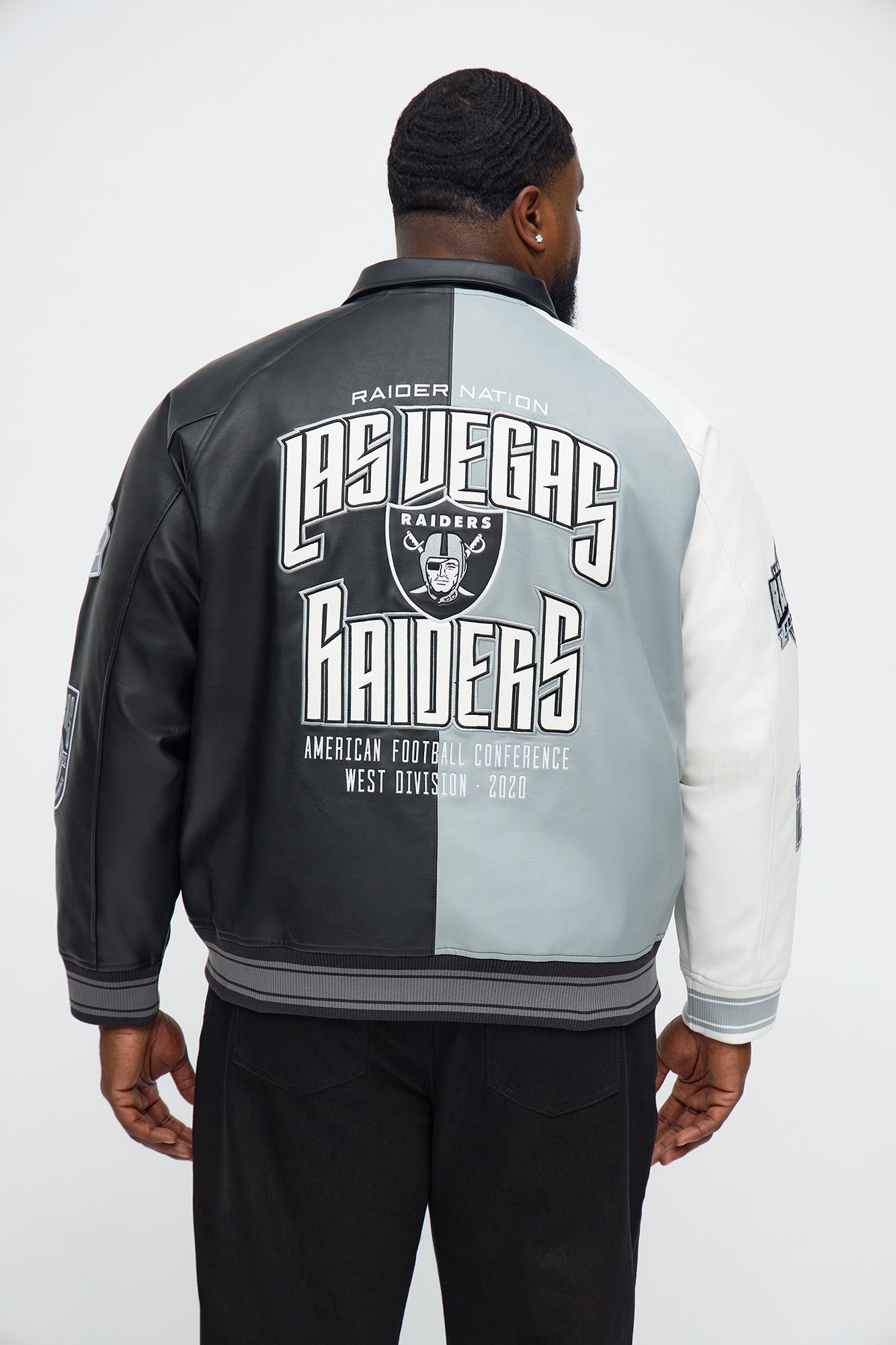 Raiders Marquee Star Faux Patent Leather Long Sleeve Varsity Jacket - Black/combo