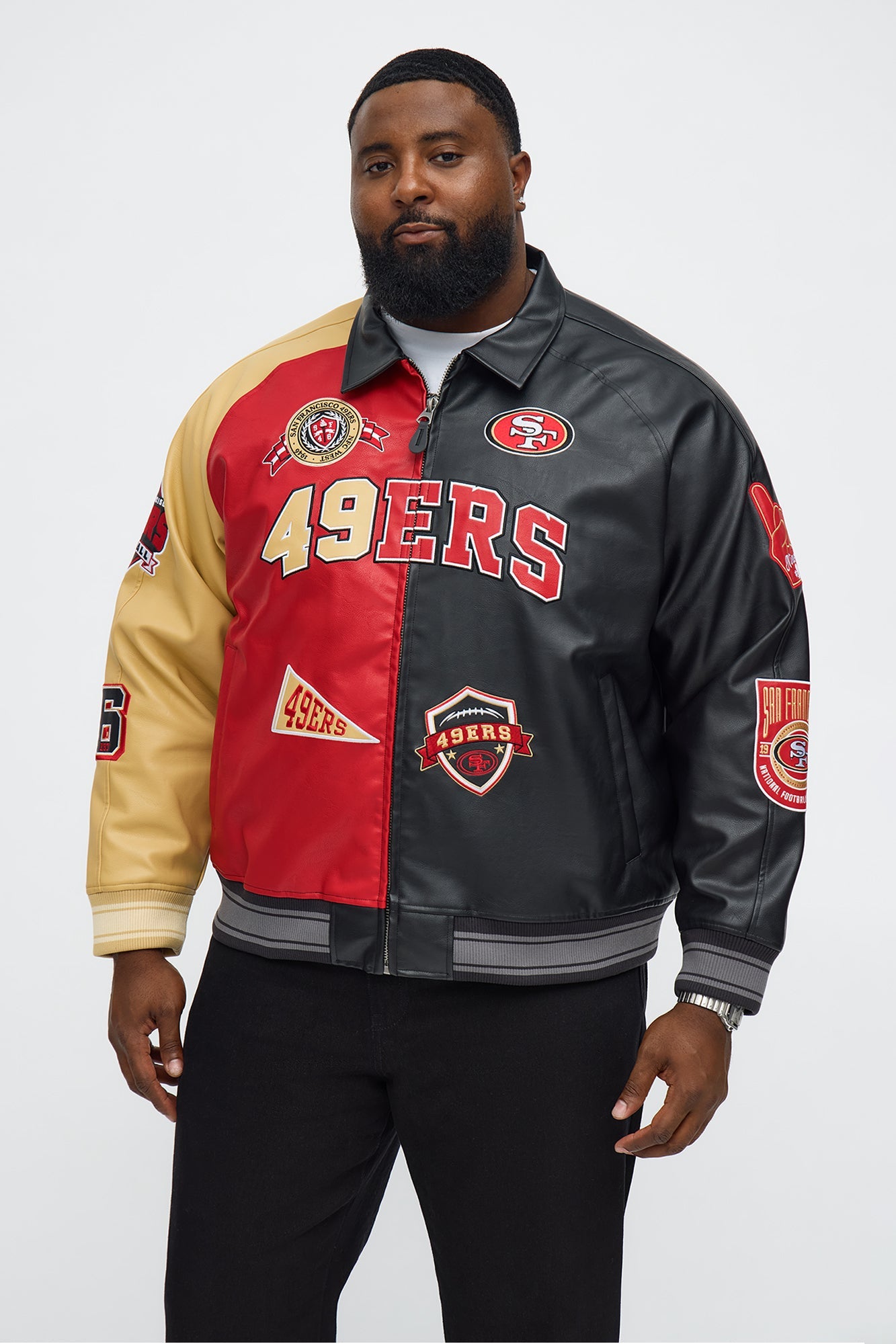 49ers Marquee Star Faux Patent Leather Long Sleeve Varsity Jacket - Red/combo