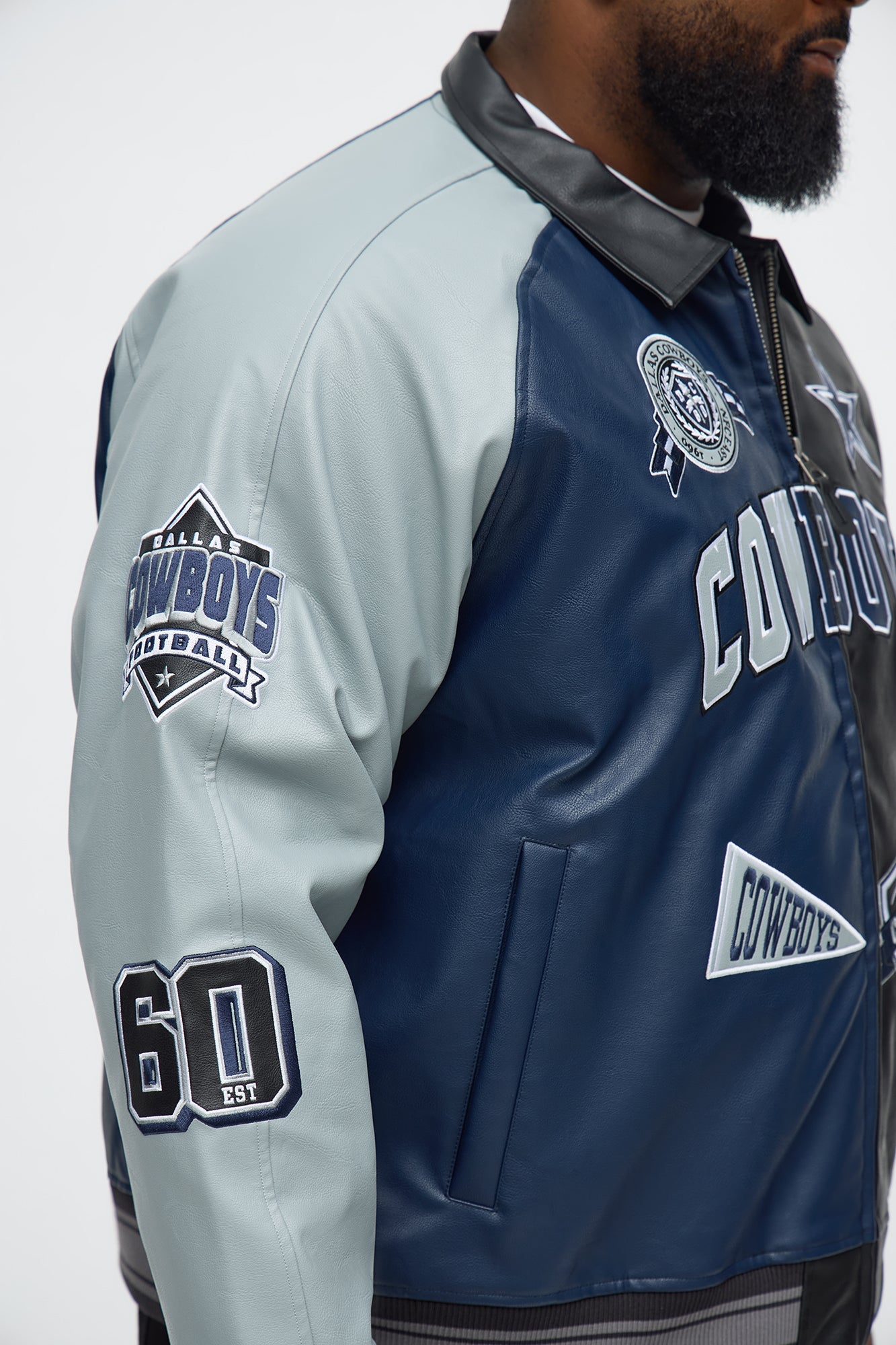 Cowboys Marquee Star Faux Patent Leather Long Sleeve Varsity Jacket - Navy