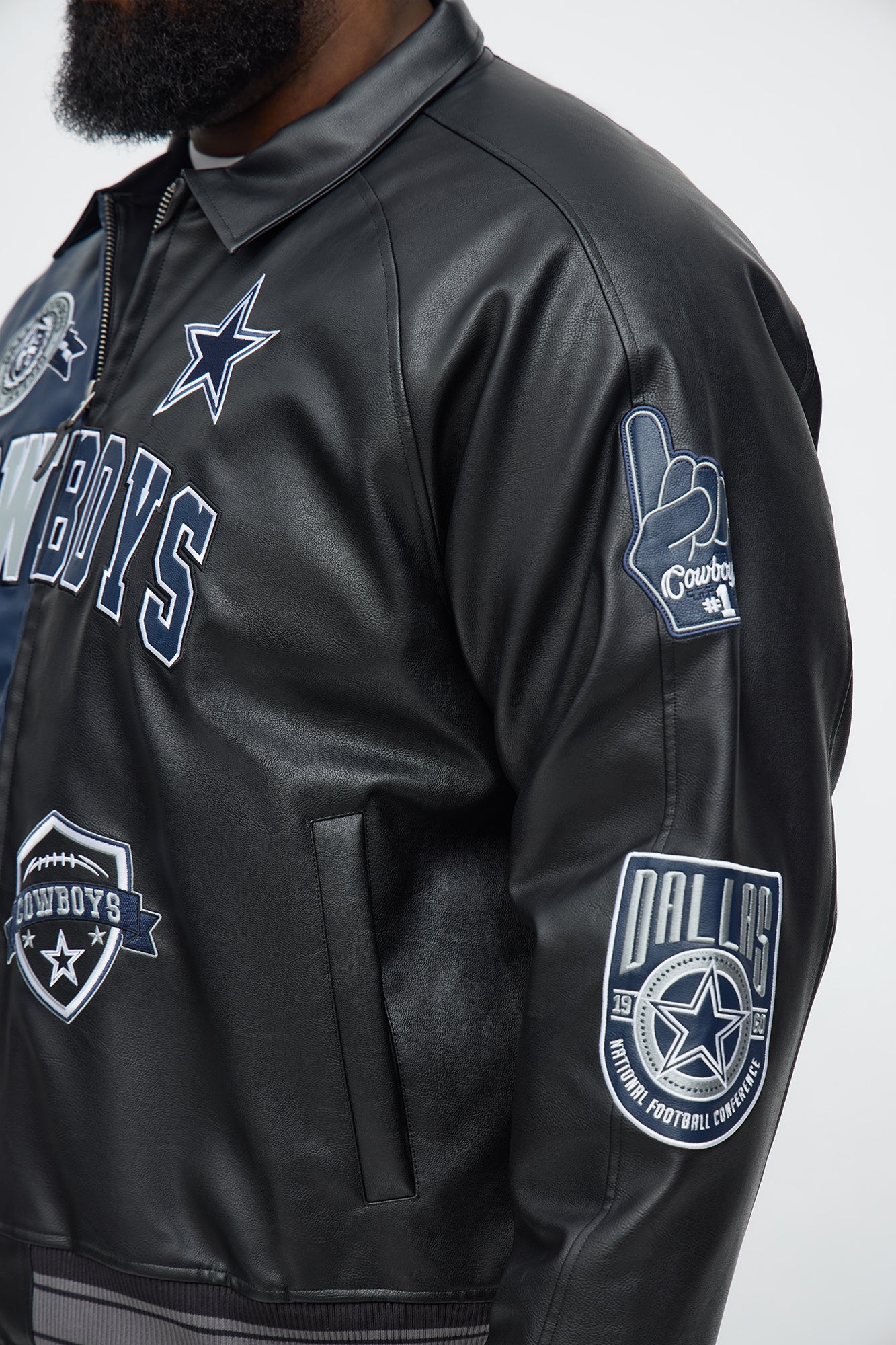 Cowboys Marquee Star Faux Patent Leather Long Sleeve Varsity Jacket - Navy