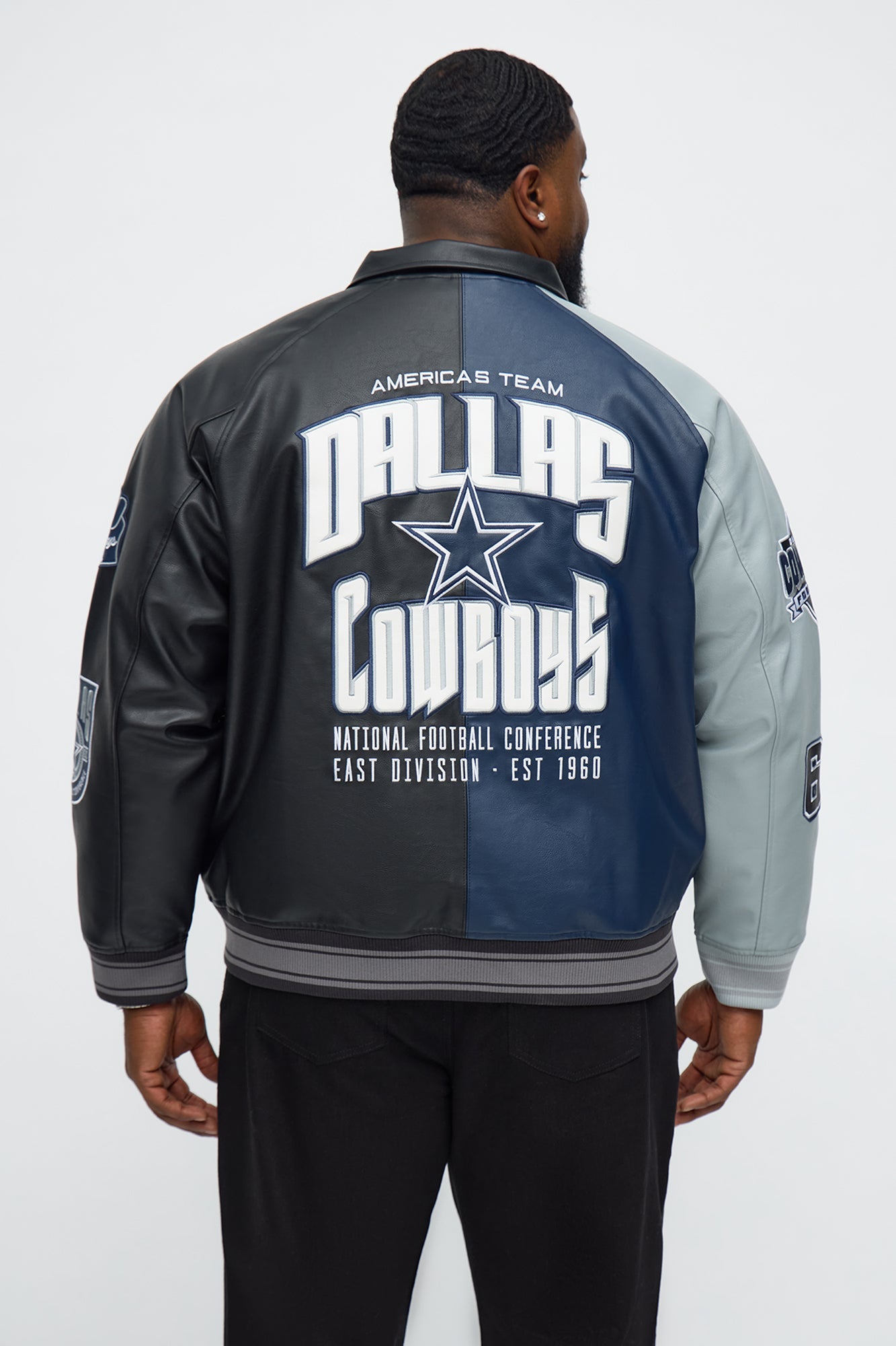 Cowboys Marquee Star Faux Patent Leather Long Sleeve Varsity Jacket - Navy
