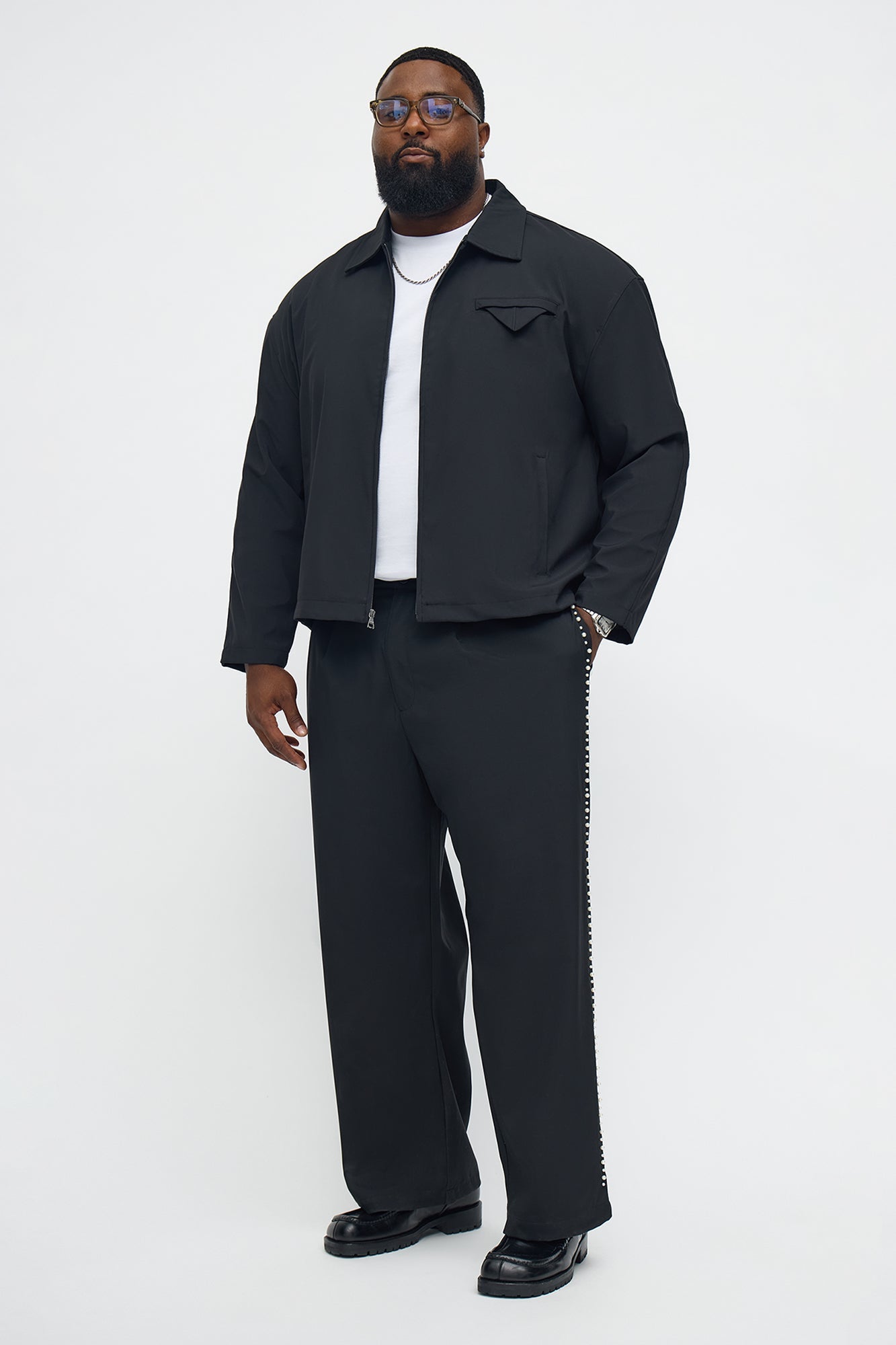 Cropped Pearl Work Jacket - Black