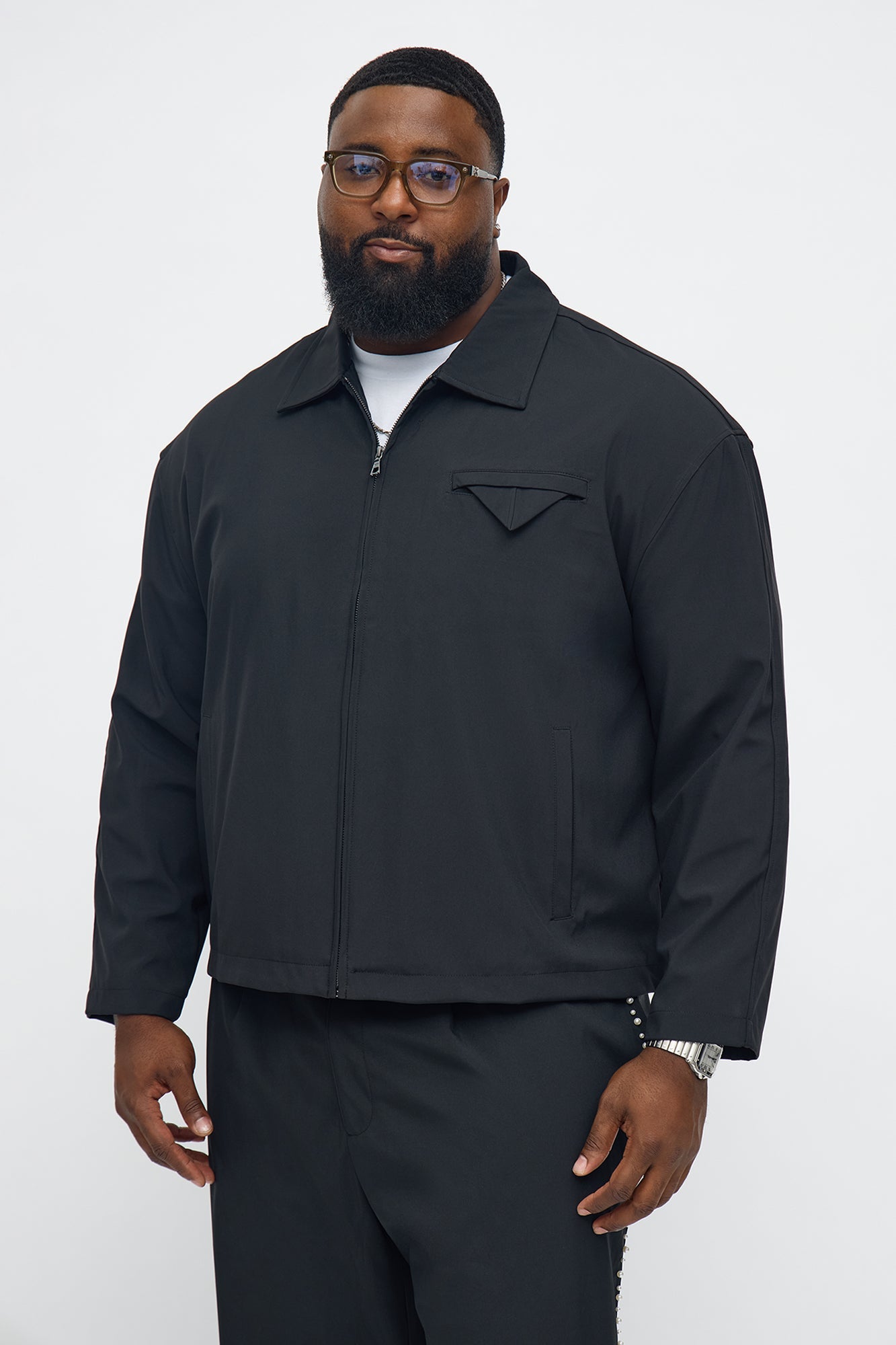 Cropped Pearl Work Jacket - Black
