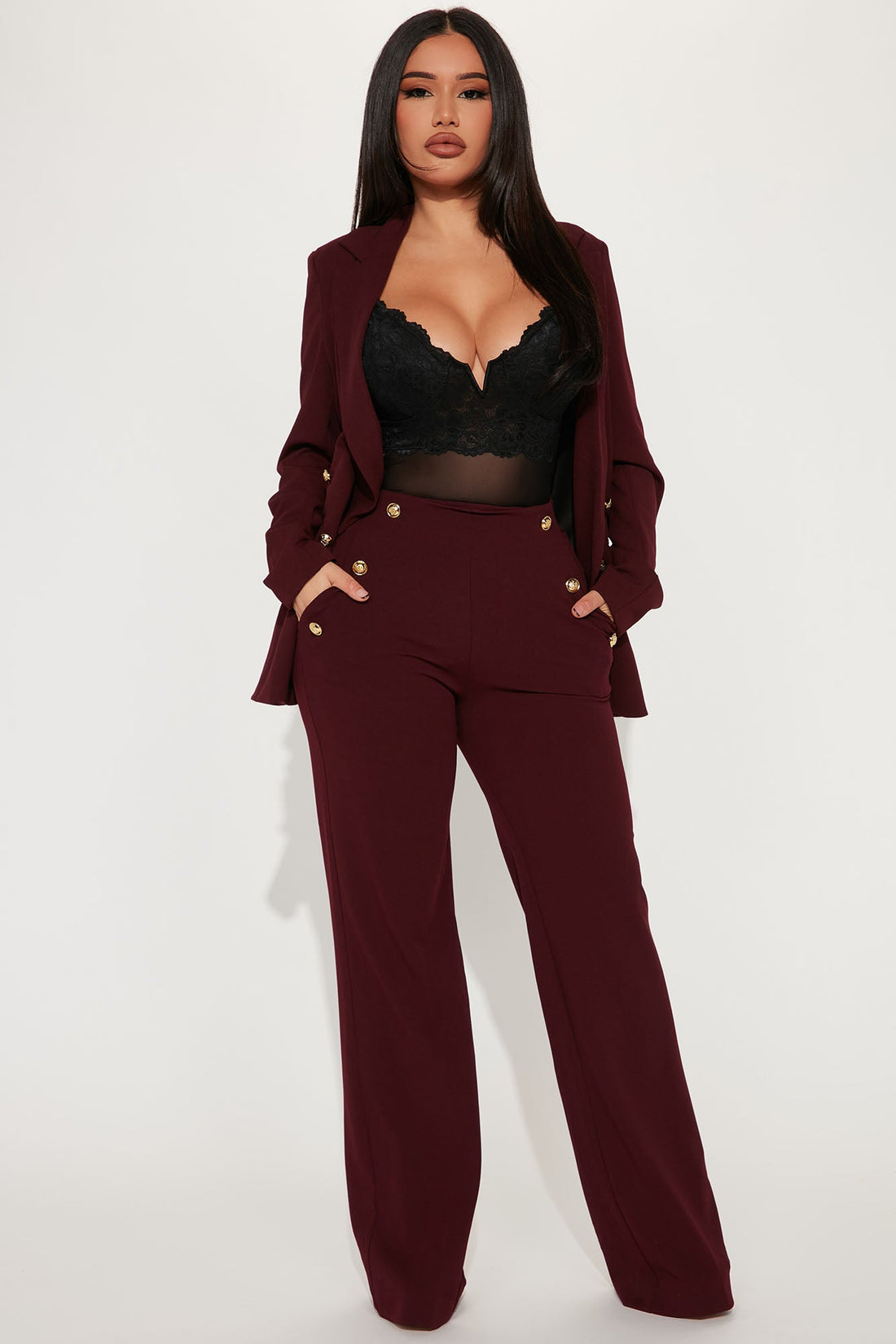 Celine High Waist Button Pants - Burgundy