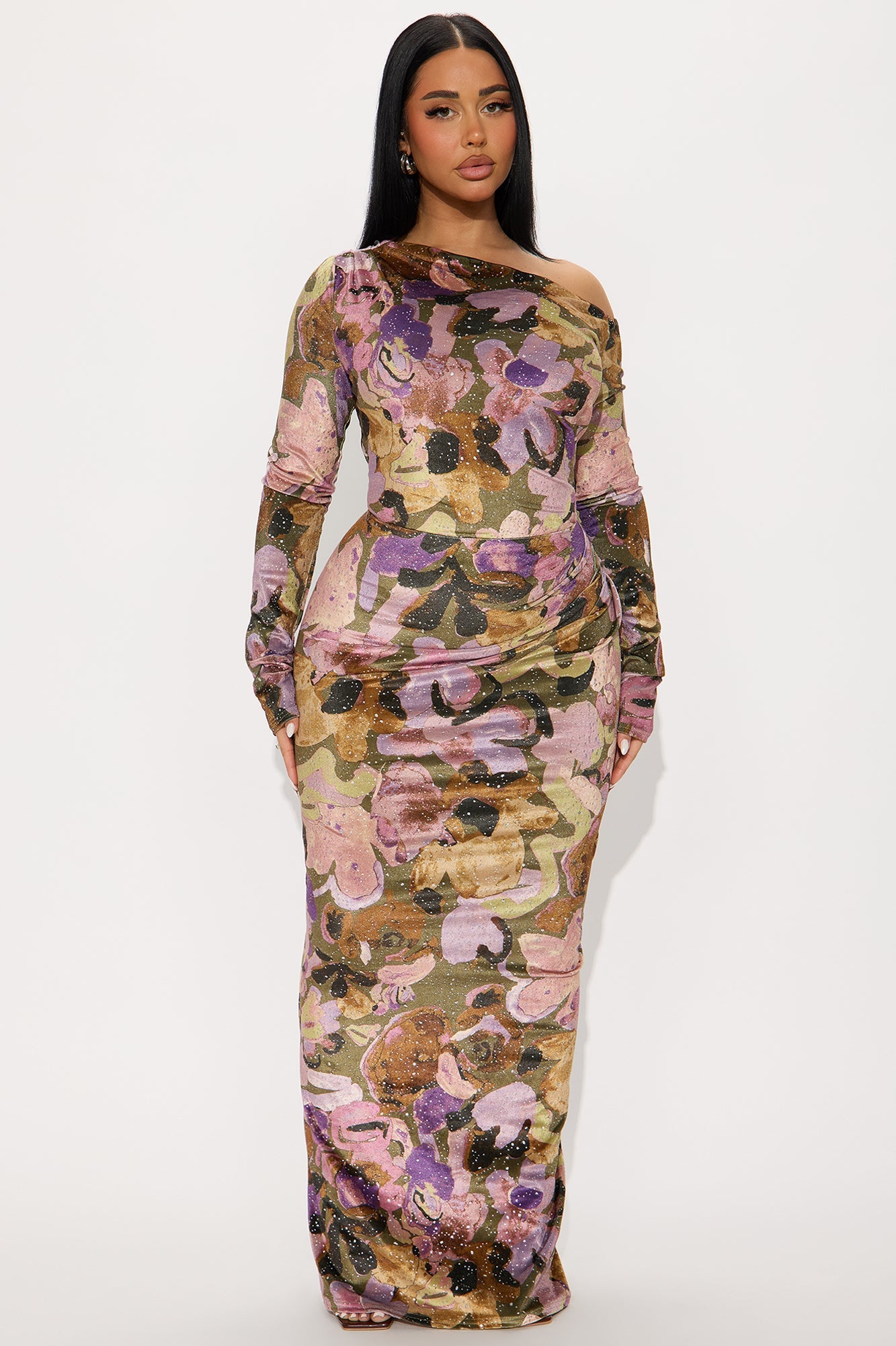 Prisa Floral Velvet Maxi Dress - Olive/combo