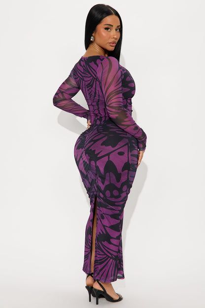 Butterfly Effect Long Sleeve Mesh Maxi Dress - Purple