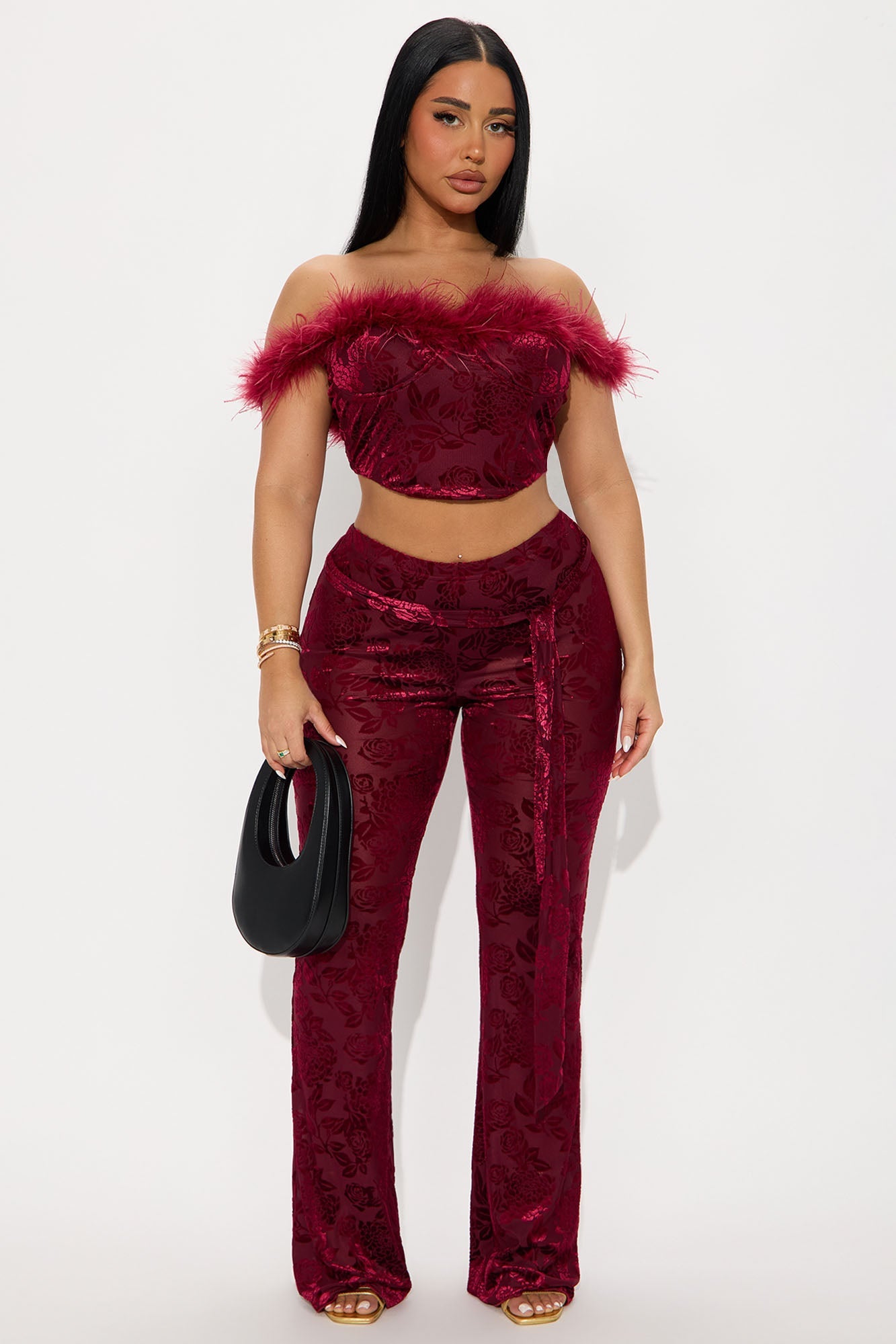 Myla Velvet Faux Fur Corset Pant Set - Wine
