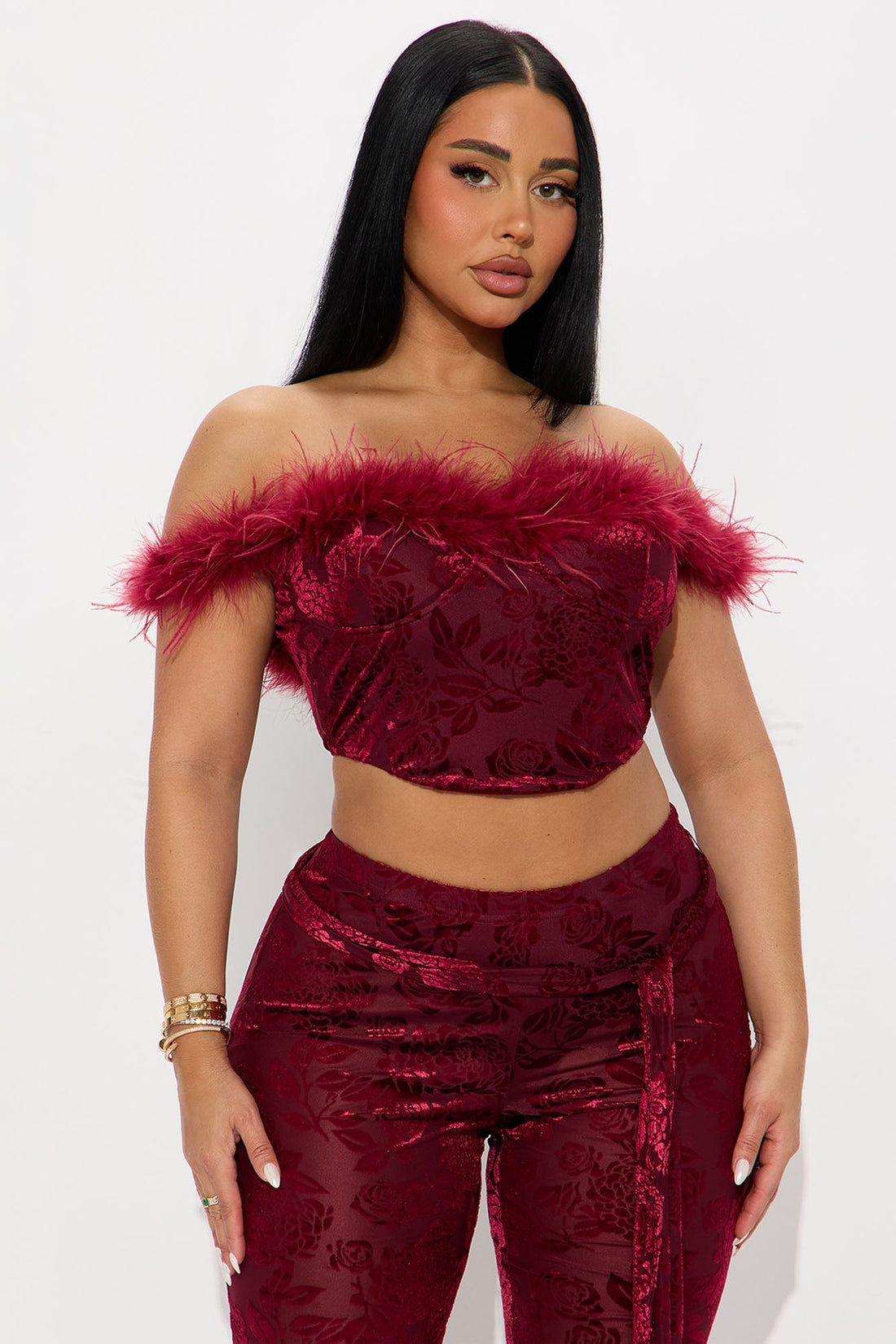 Myla Velvet Faux Fur Corset Pant Set - Wine