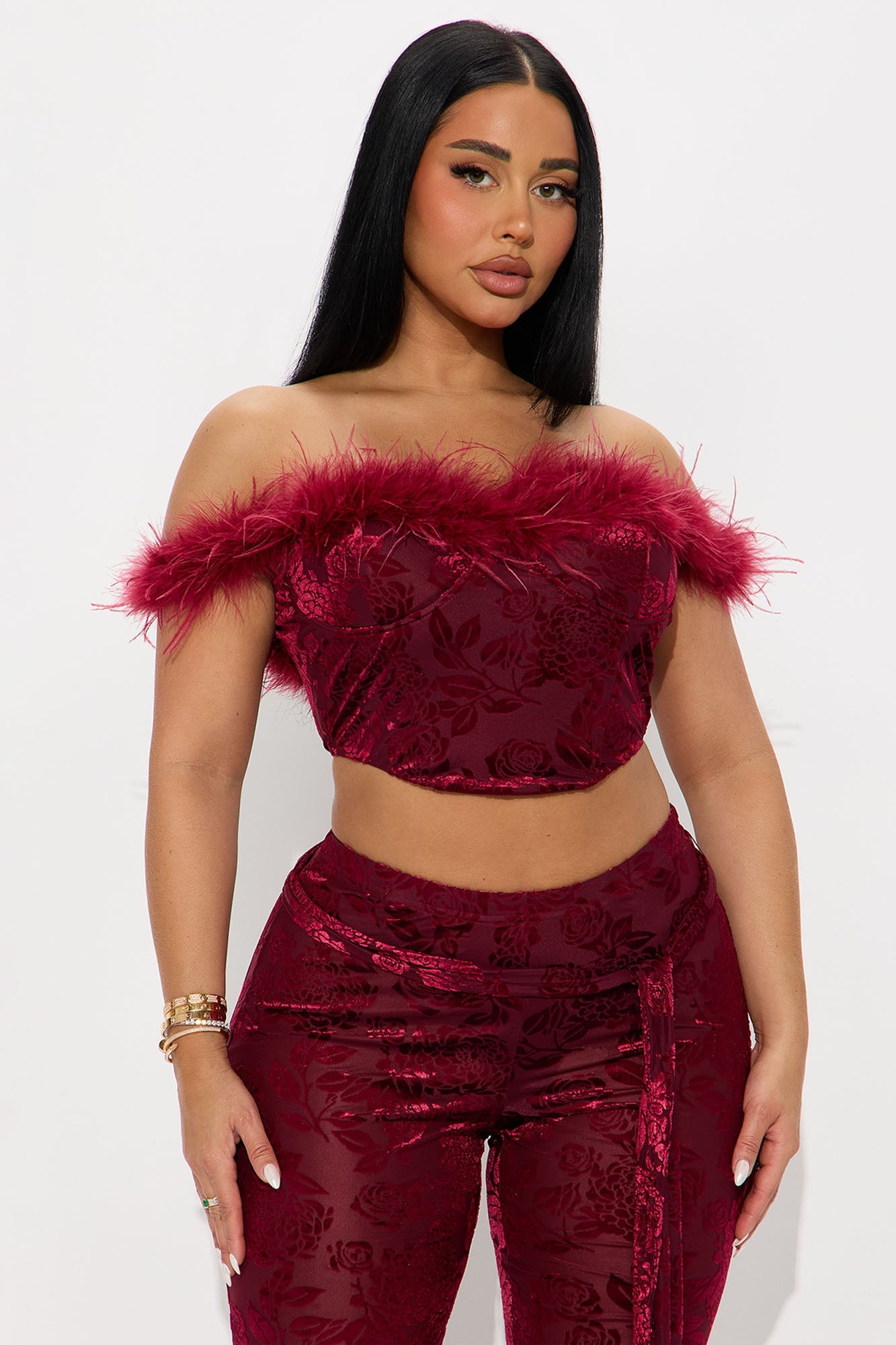 Myla Velvet Faux Fur Corset Pant Set - Wine
