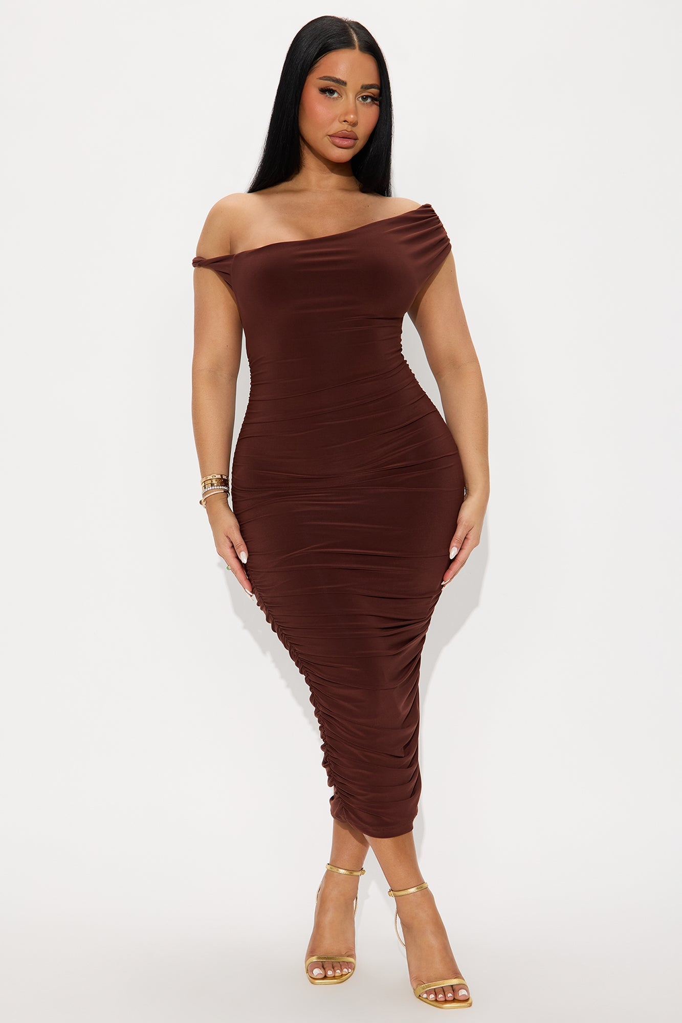 Blind Date One Shoulder Midi Dress - Chocolate