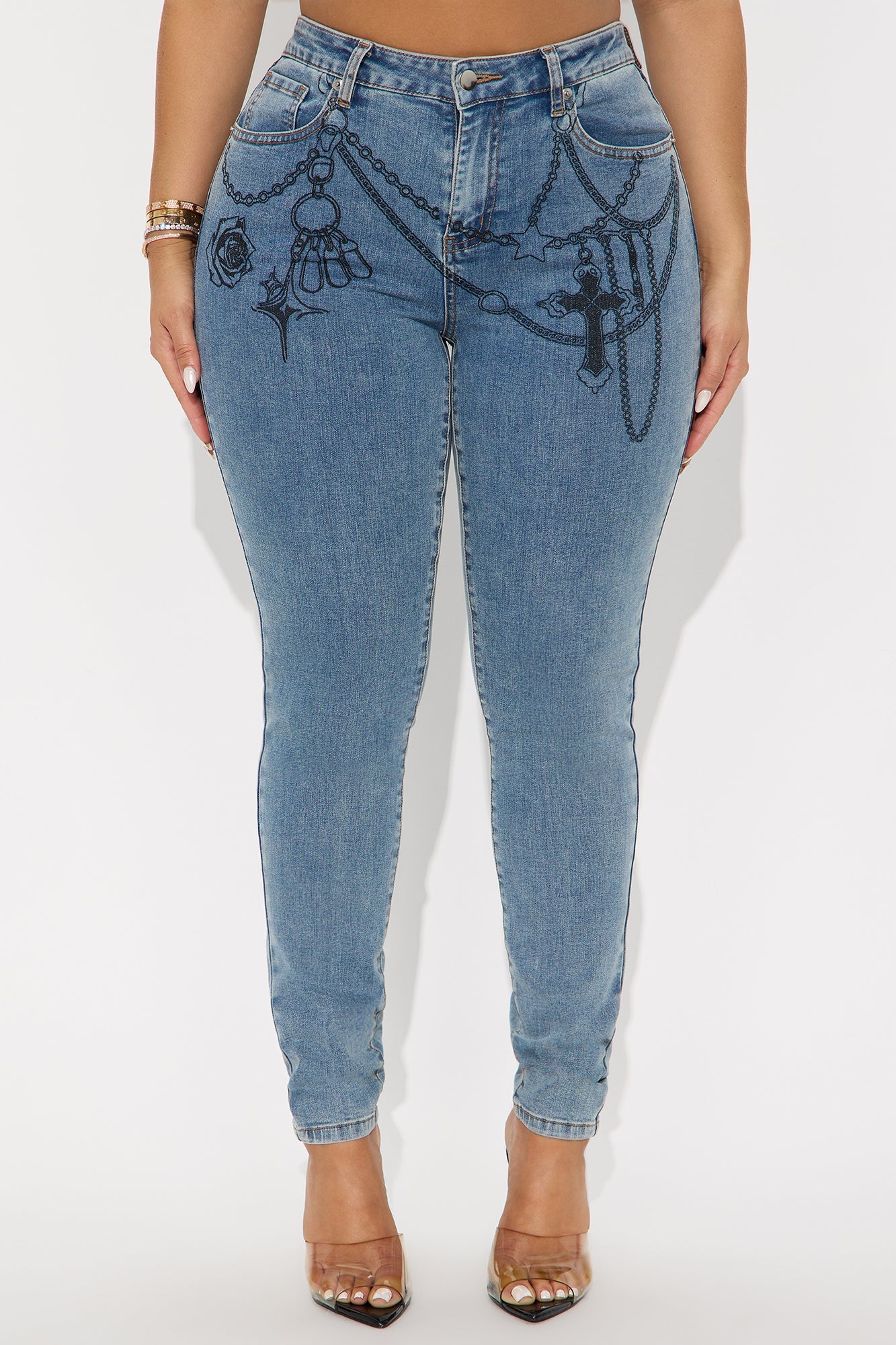 Chained To You Printed Skinny Jeans - Medium Wash