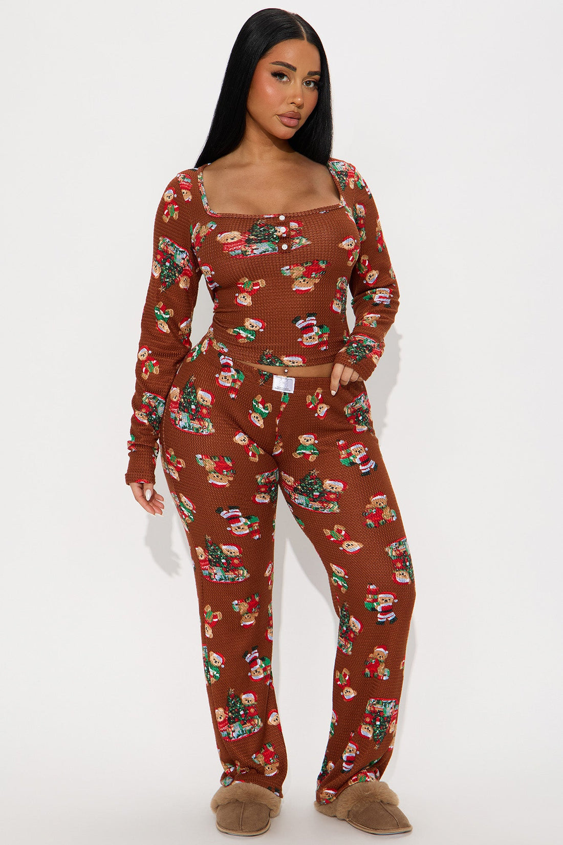 Christmas Teddy Bears Waffle Long Sleeve PJ Pant Set - Chocolate