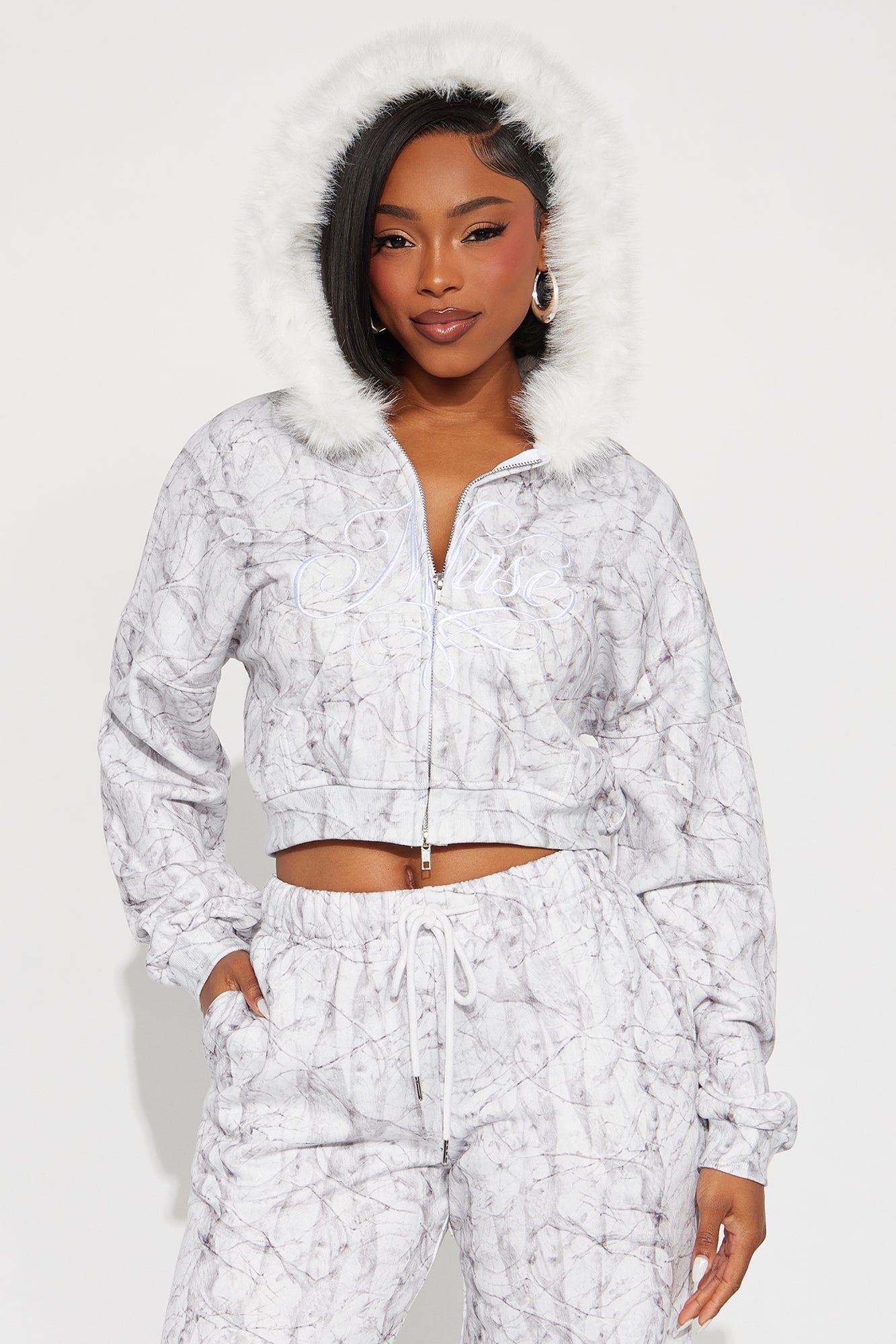 Lina Fur Trim Hoodie Pant Set - Off White