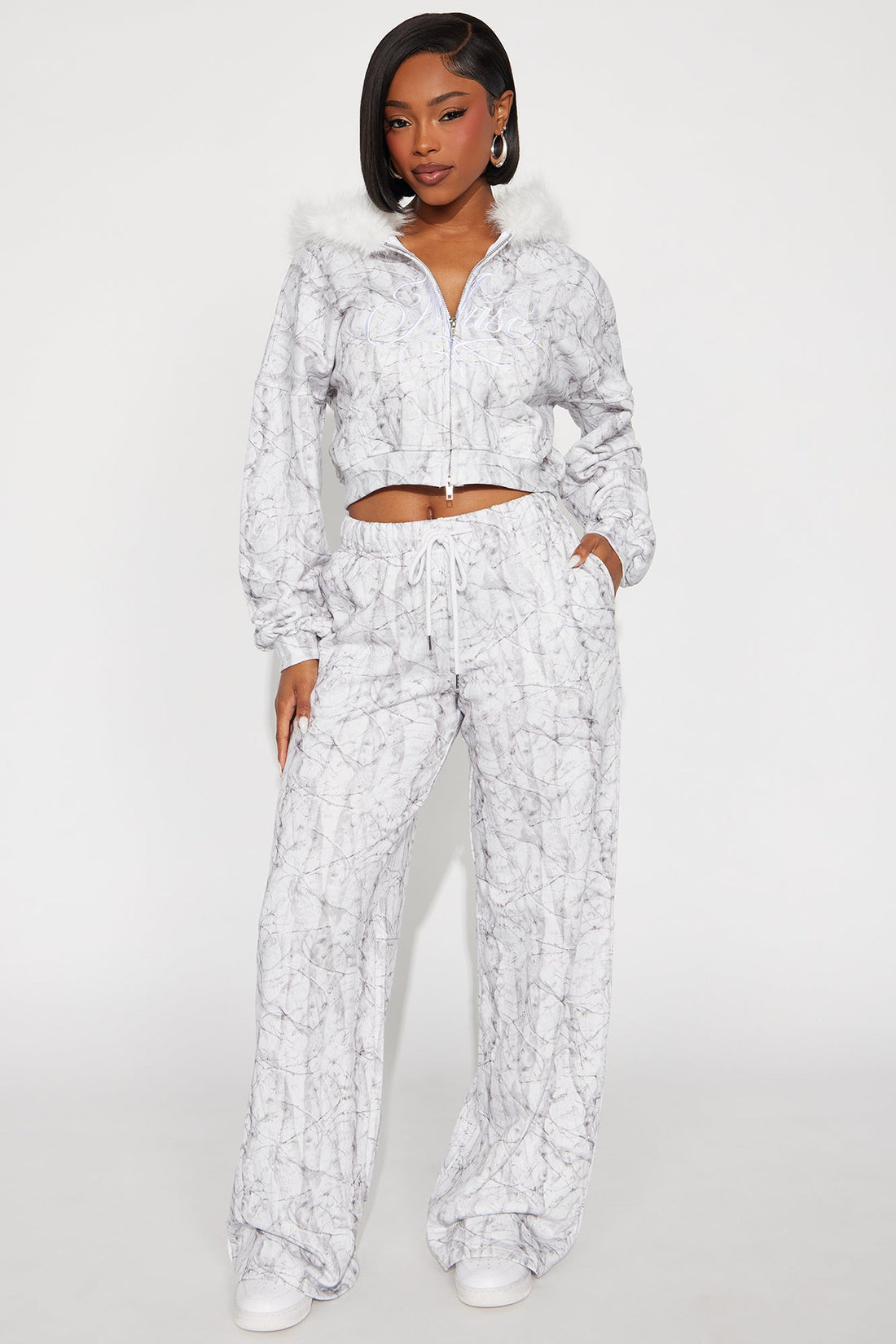 Lina Fur Trim Hoodie Pant Set - Off White
