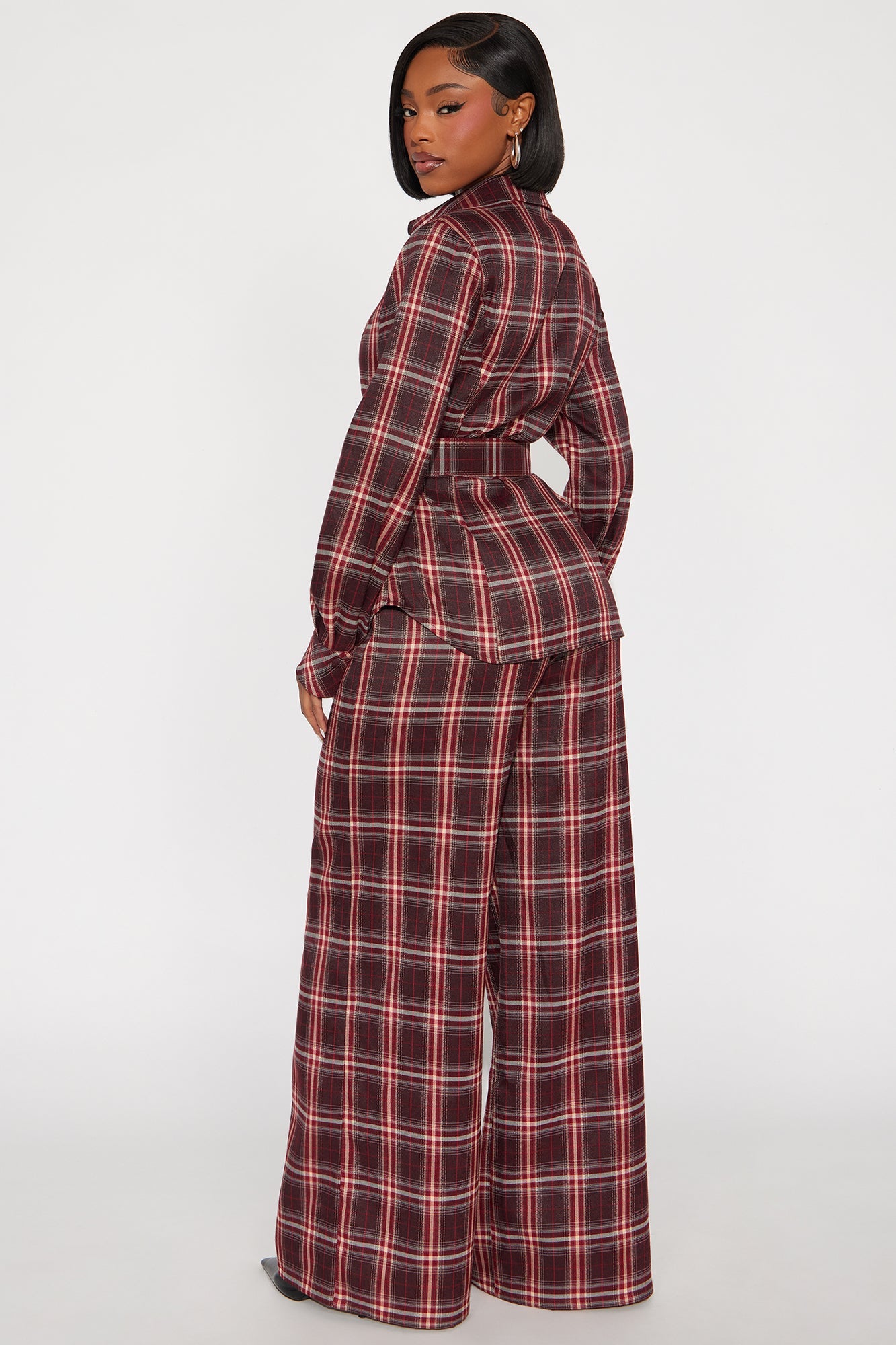 Layer Slayer Plaid Belted Pant Set - Burgundy