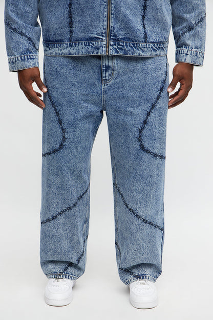 Baggy Embroidered Barbwire Jean - Medium Blue Wash
