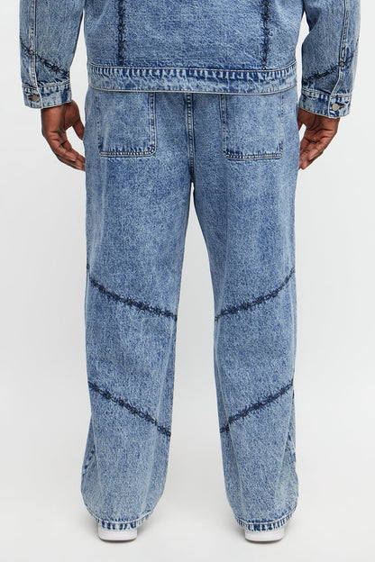 Baggy Embroidered Barbwire Jean - Medium Blue Wash