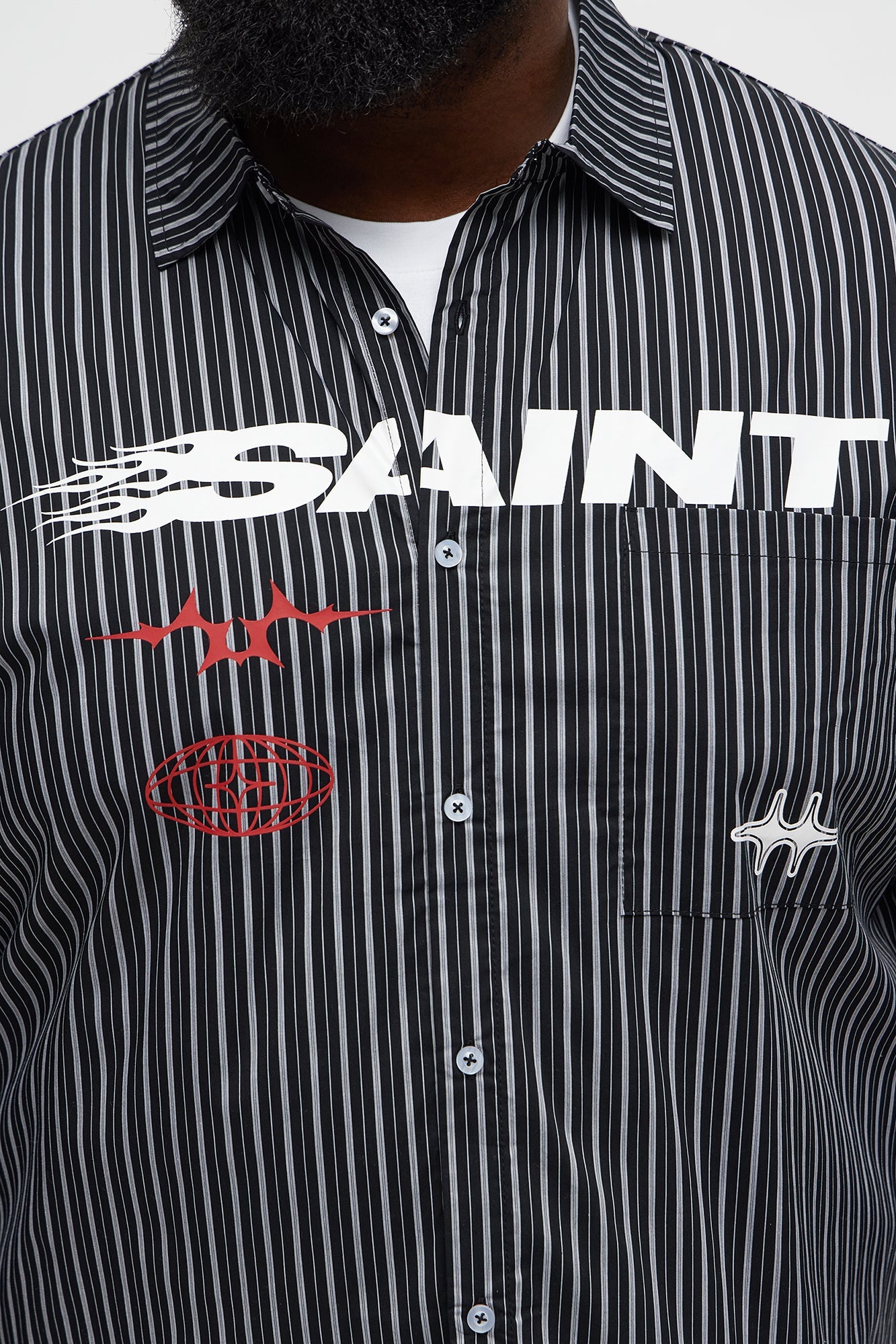 Cropped Pin Stripe Saint Button Up Shirt - Black