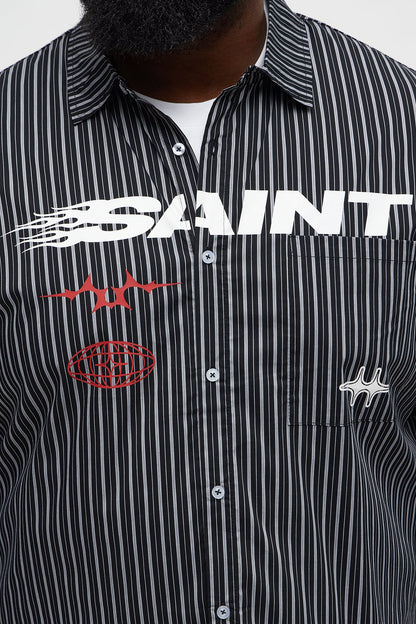 Cropped Pin Stripe Saint Button Up Shirt - Black