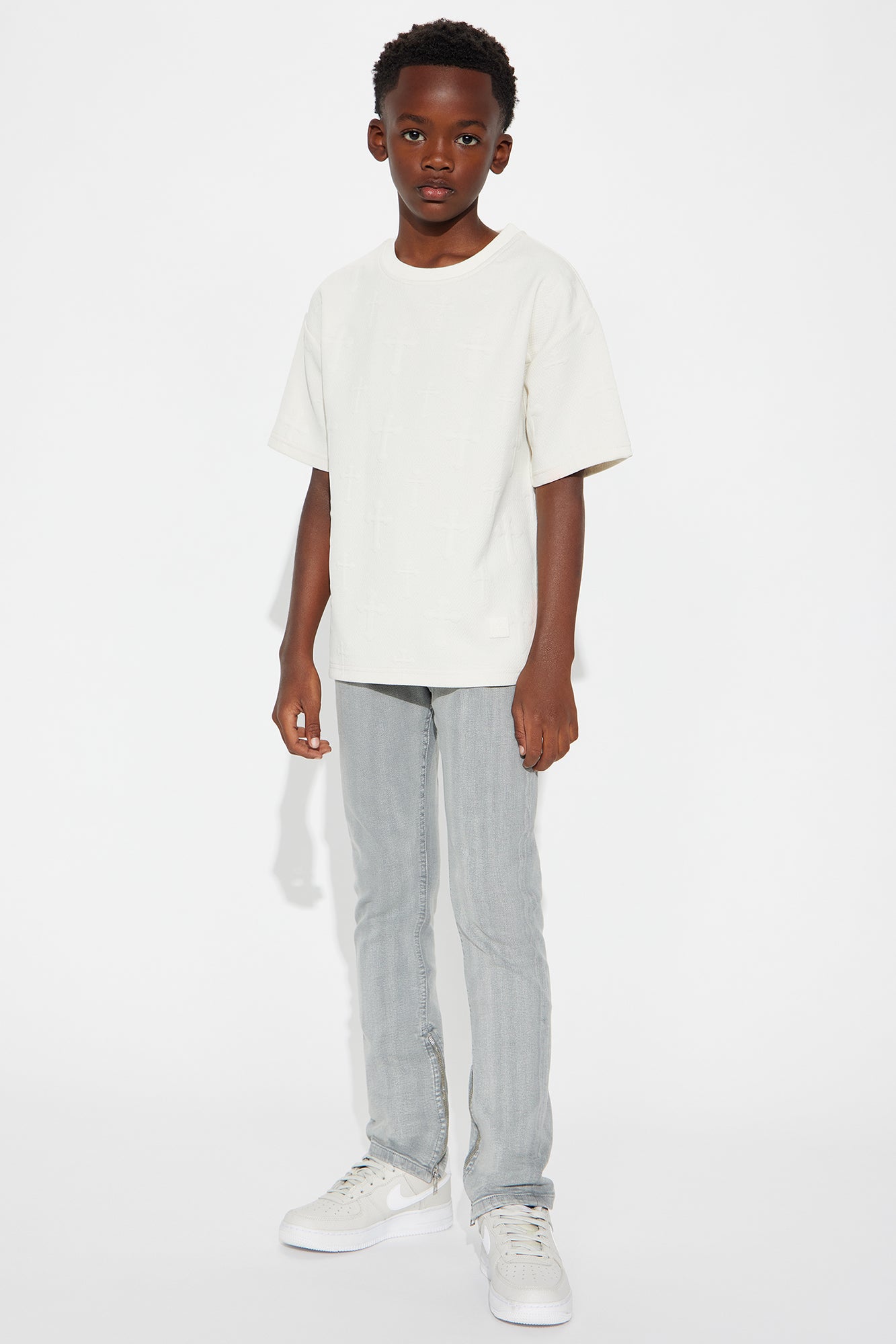 Mini Textured Knit Stacked Crosses Short Sleeve Tee - Cream
