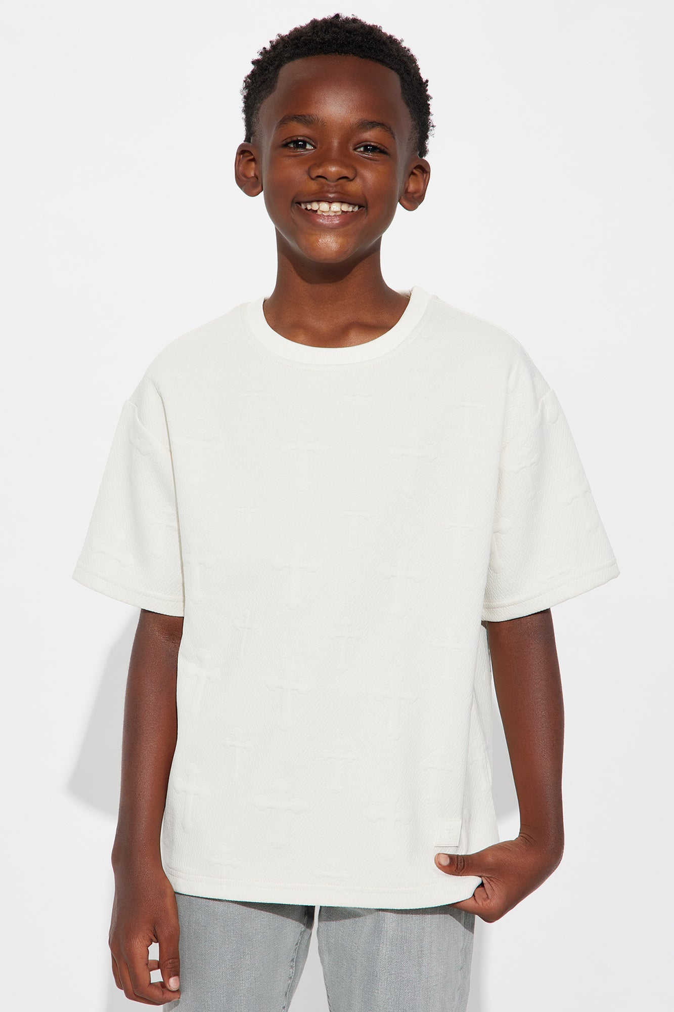 Mini Textured Knit Stacked Crosses Short Sleeve Tee - Cream